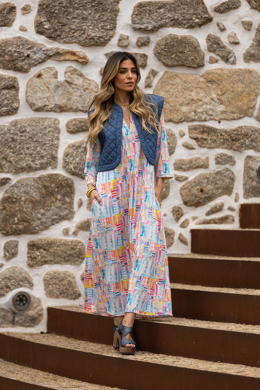 Vestido comprido em malha estampada