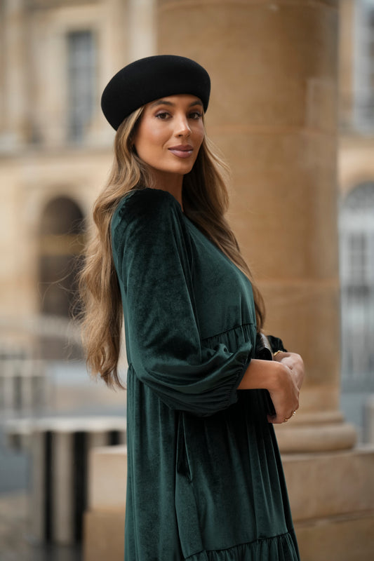 Vestido comprido com folhos em veludo