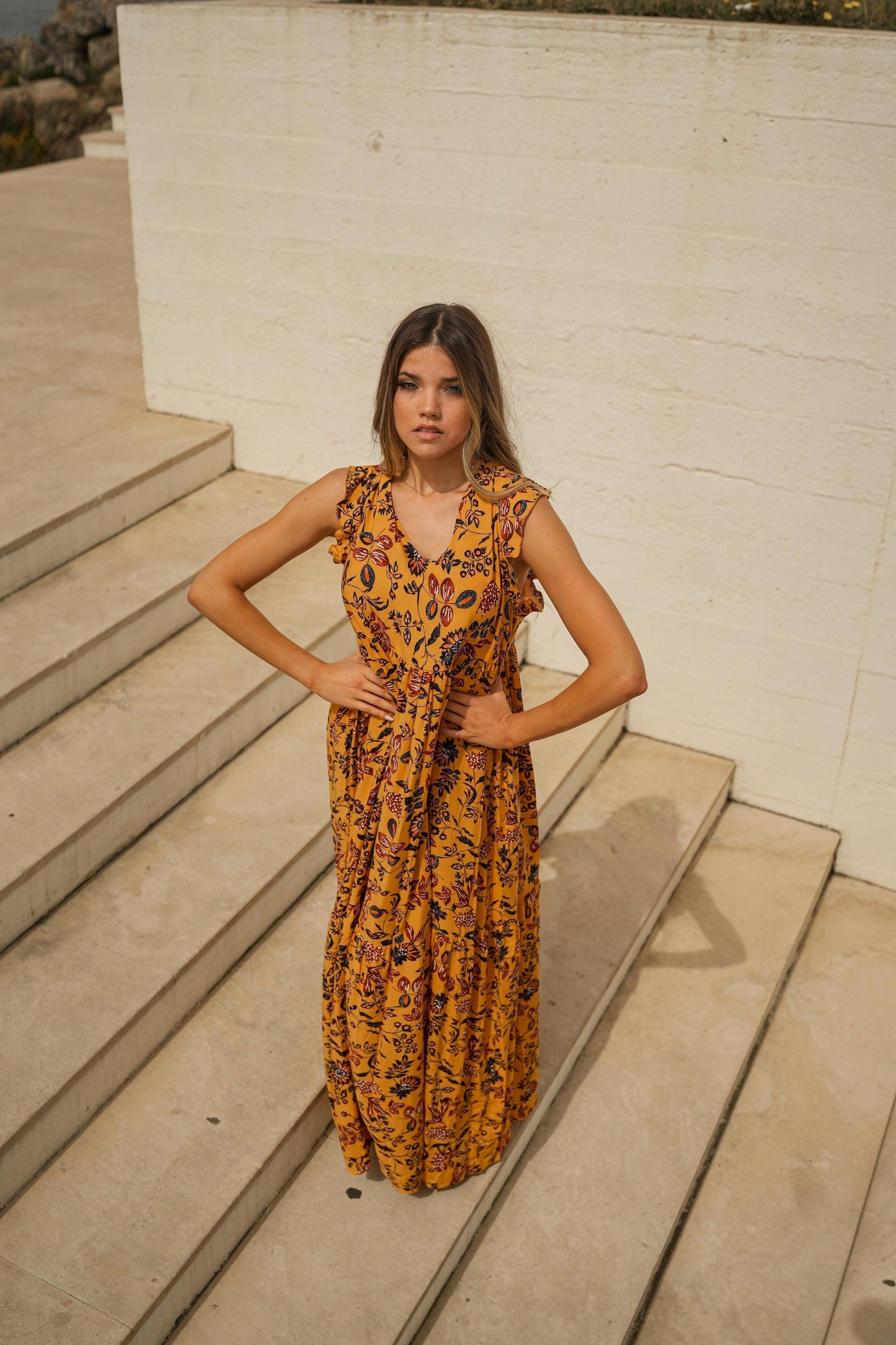 Robe longue avec volants imprimé floral