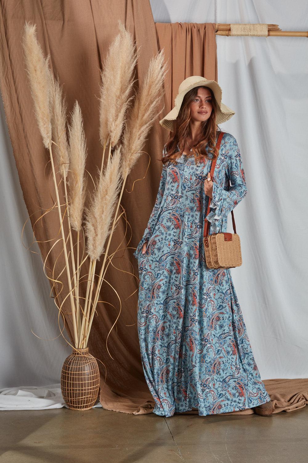 Vestido comprido com estampado cornucópias