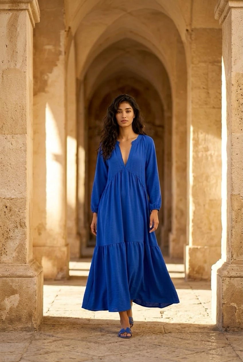 Vestido comprido azul com folho