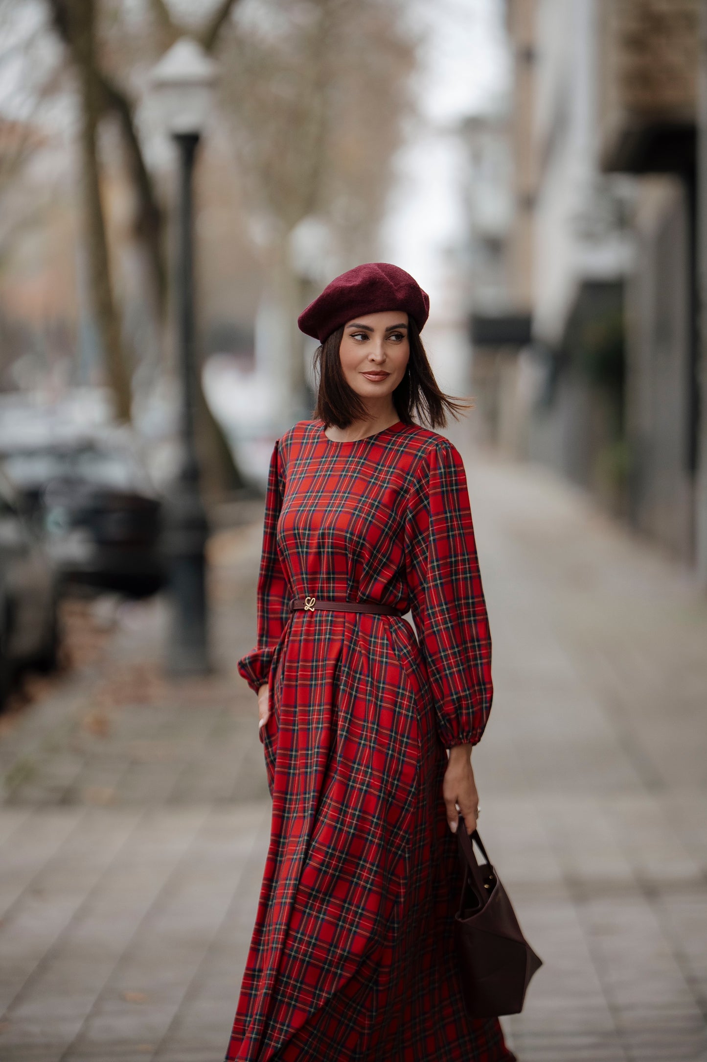 Vestido comprido em xadrez vermelho
