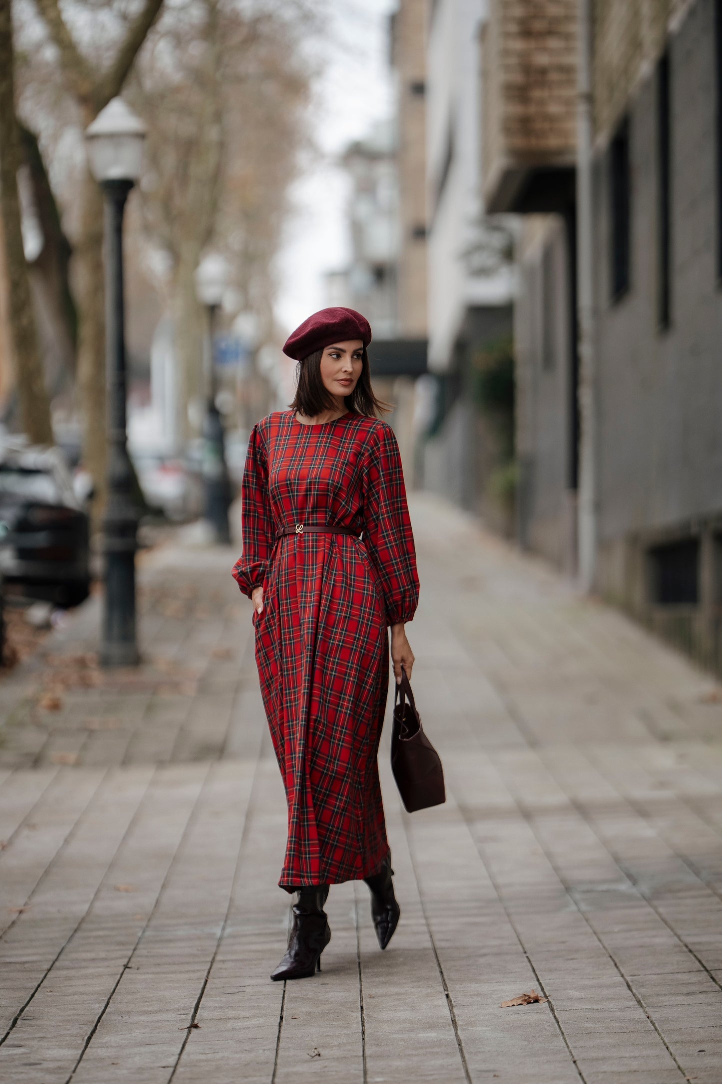 Vestido comprido em xadrez vermelho