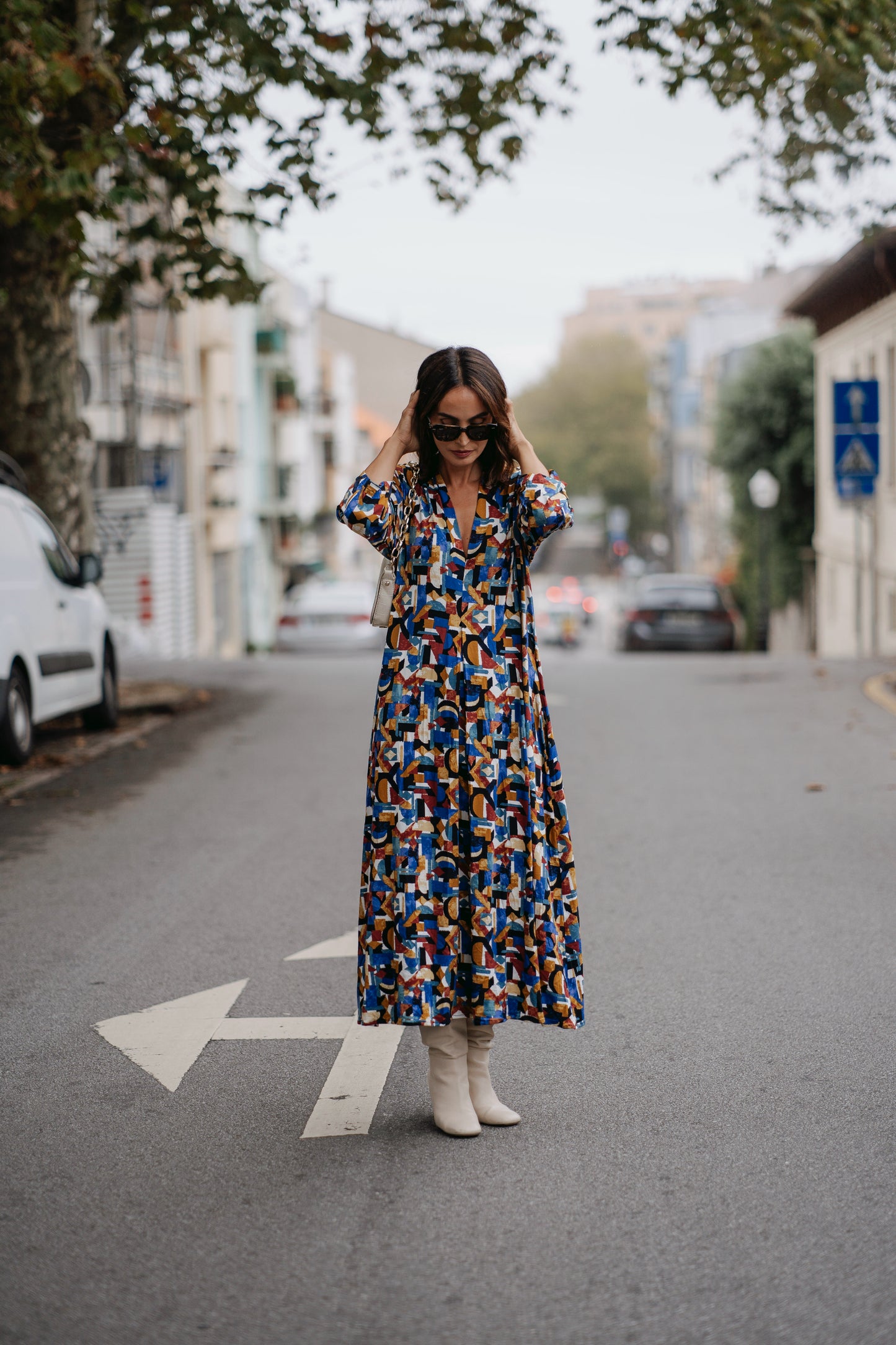 Long dress in printed knit