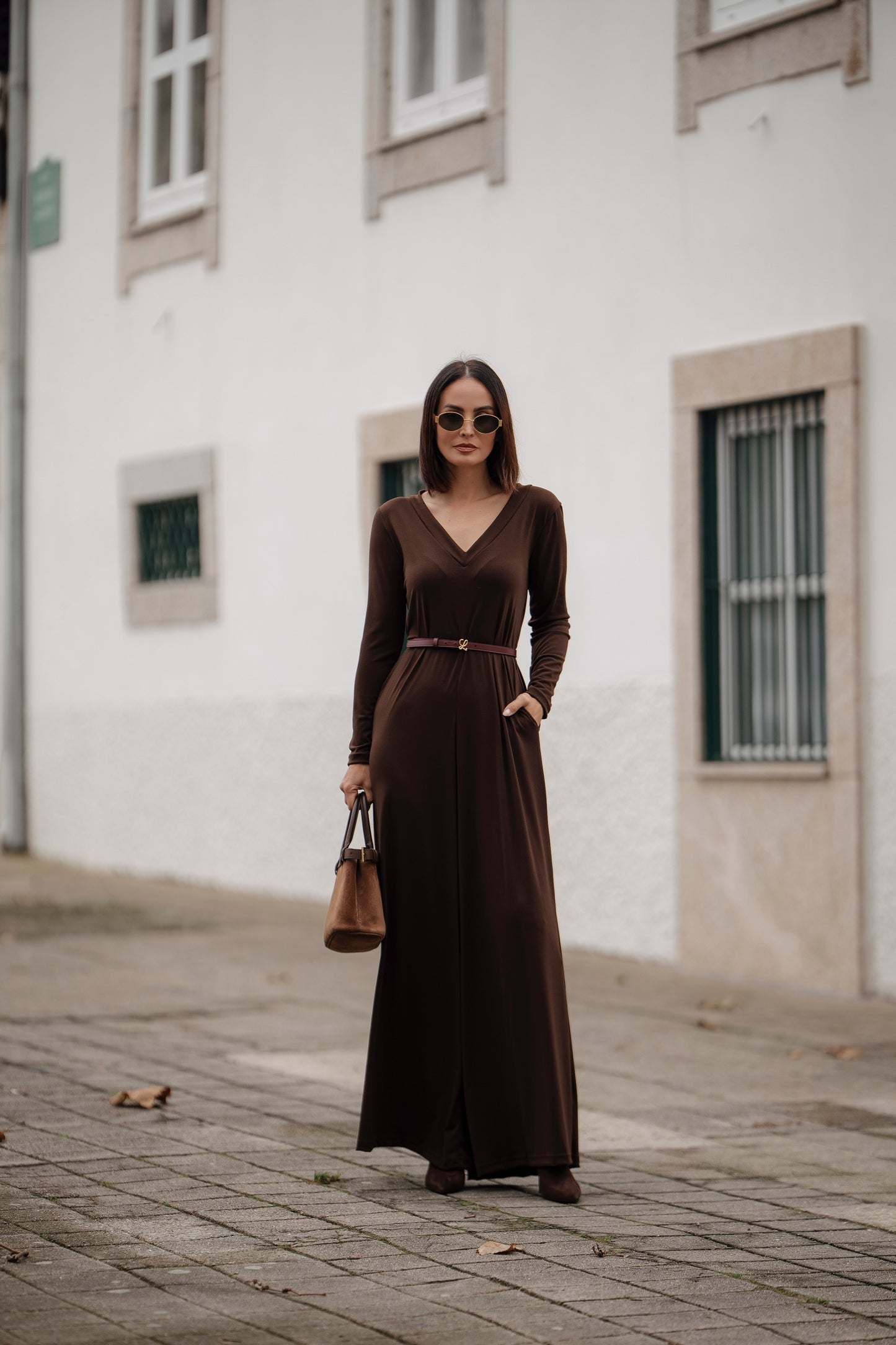 Macacão comprido em malha castanho