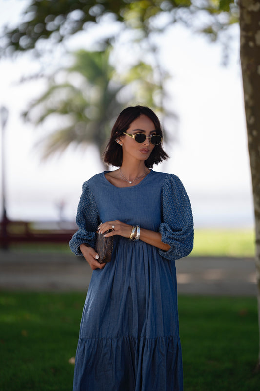 Vestido comprido em ganga