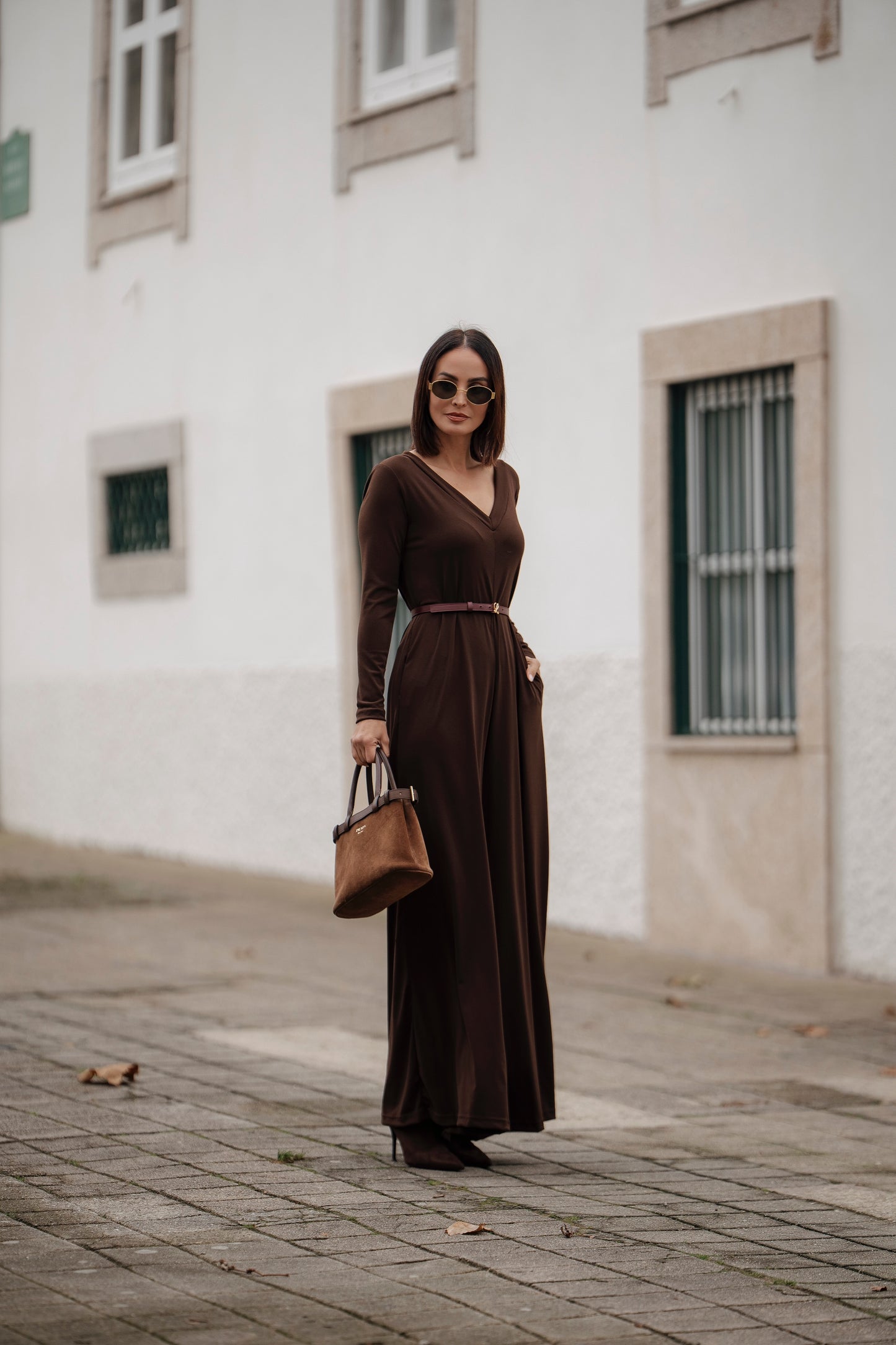 Macacão comprido em malha castanho