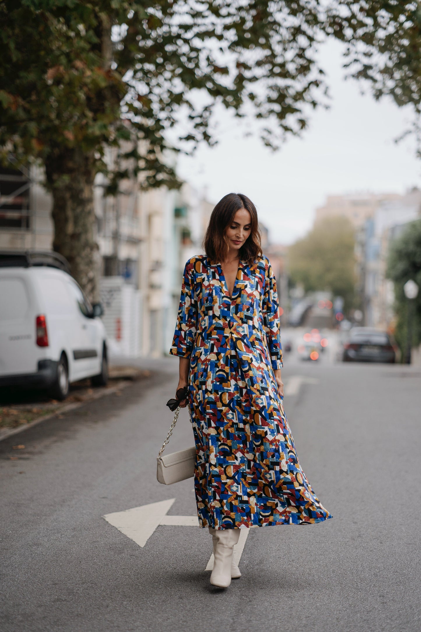 Long dress in printed knit