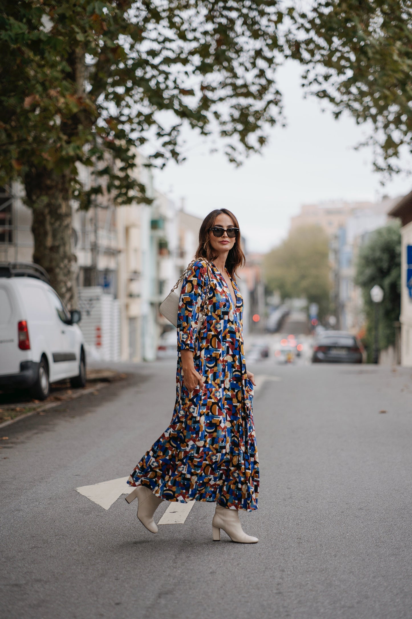 Long dress in printed knit