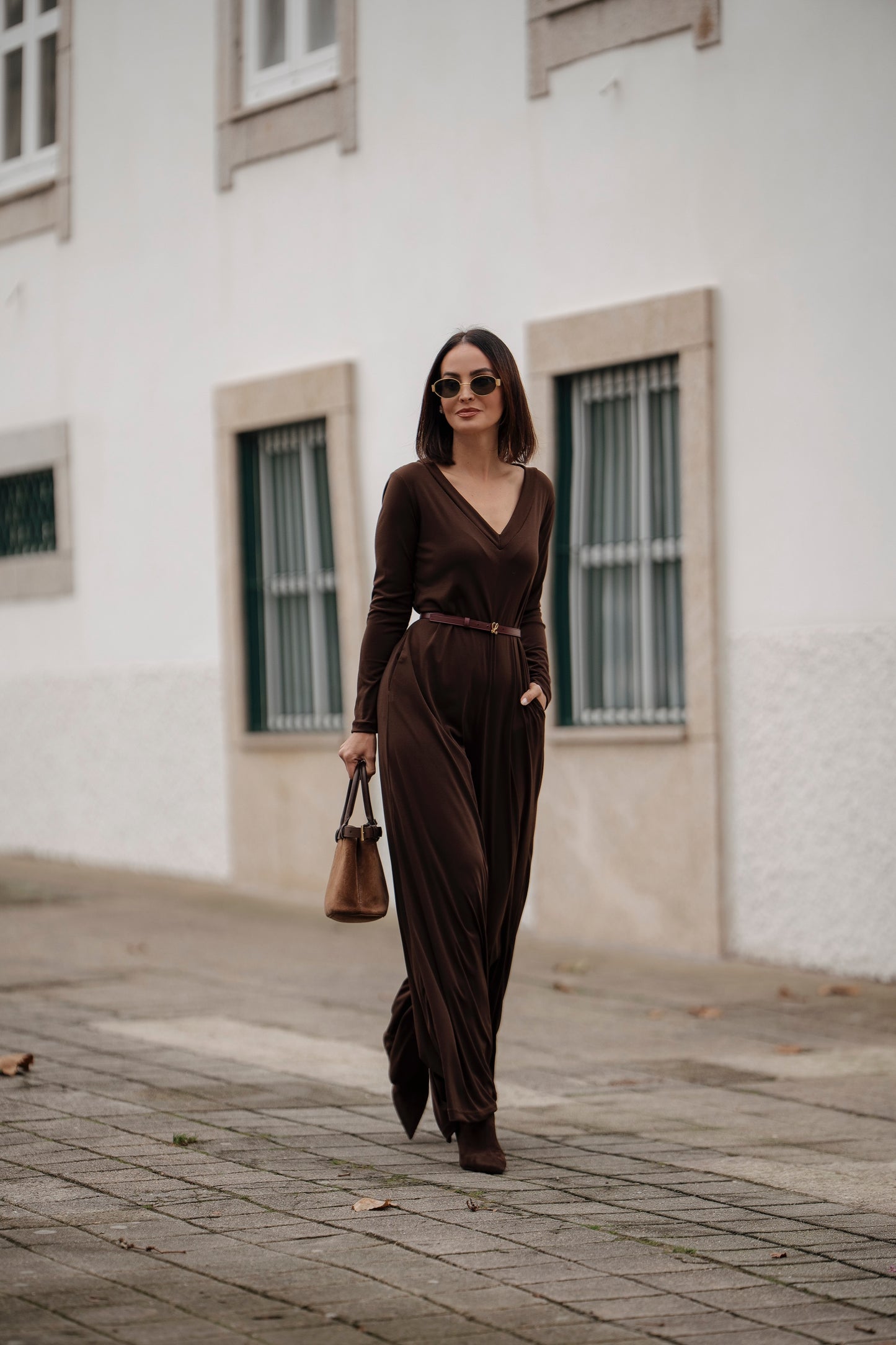 Macacão comprido em malha castanho