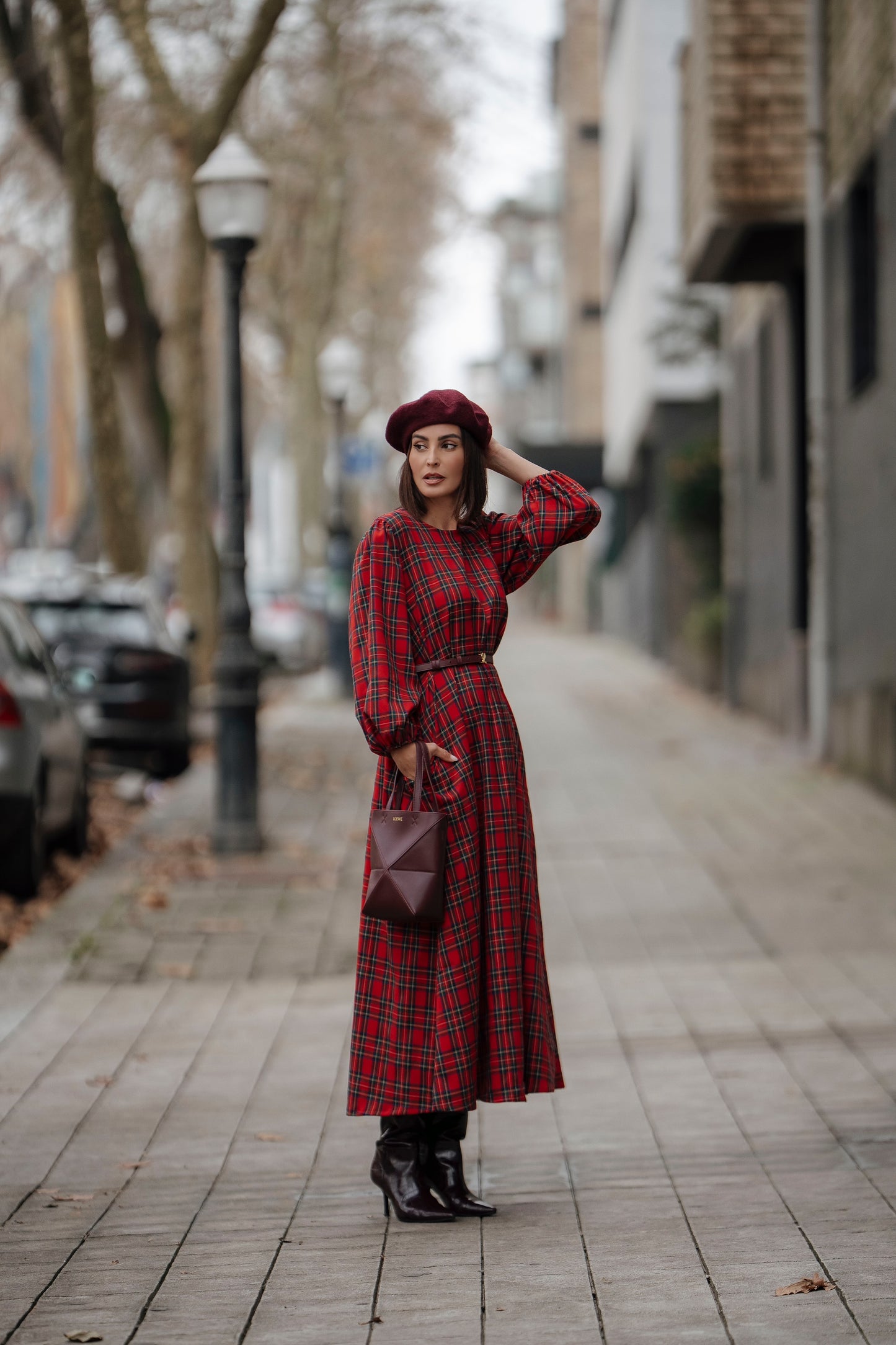 Vestido comprido em xadrez vermelho