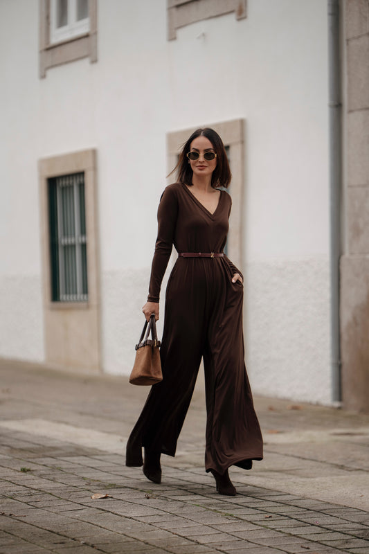 Macacão comprido em malha castanho