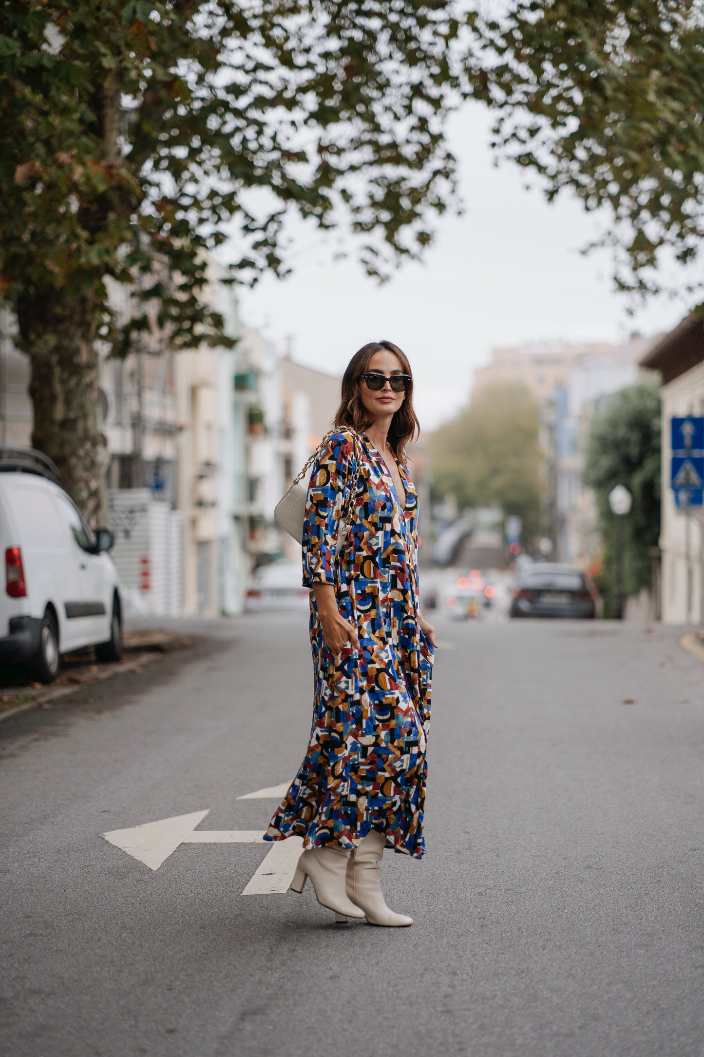 Long dress in printed knit