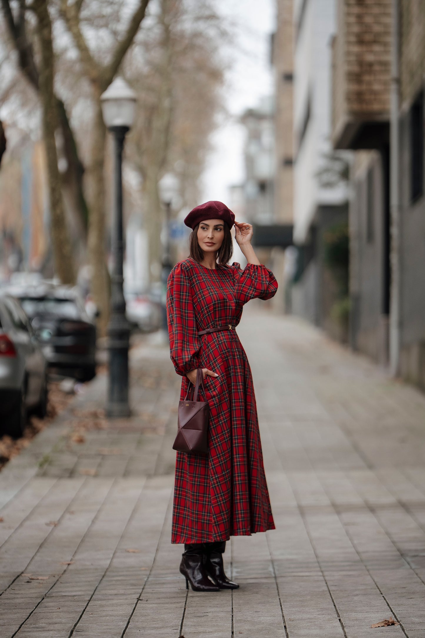 Vestido comprido em xadrez vermelho