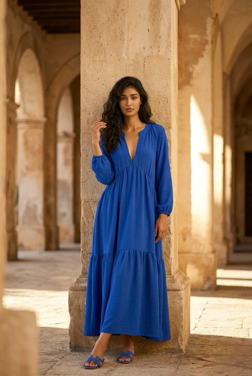 Vestido comprido azul com folho