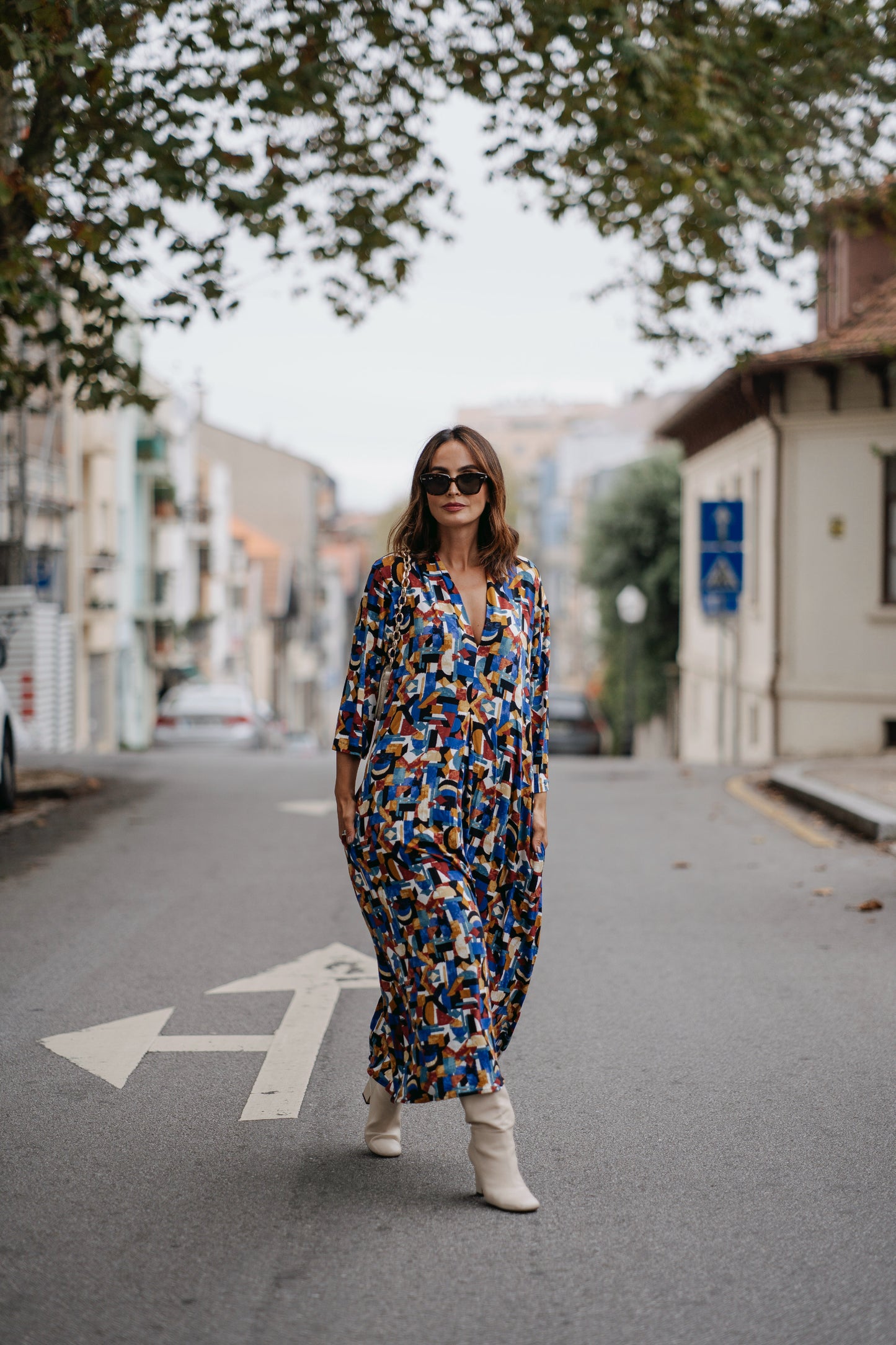 Long dress in printed knit