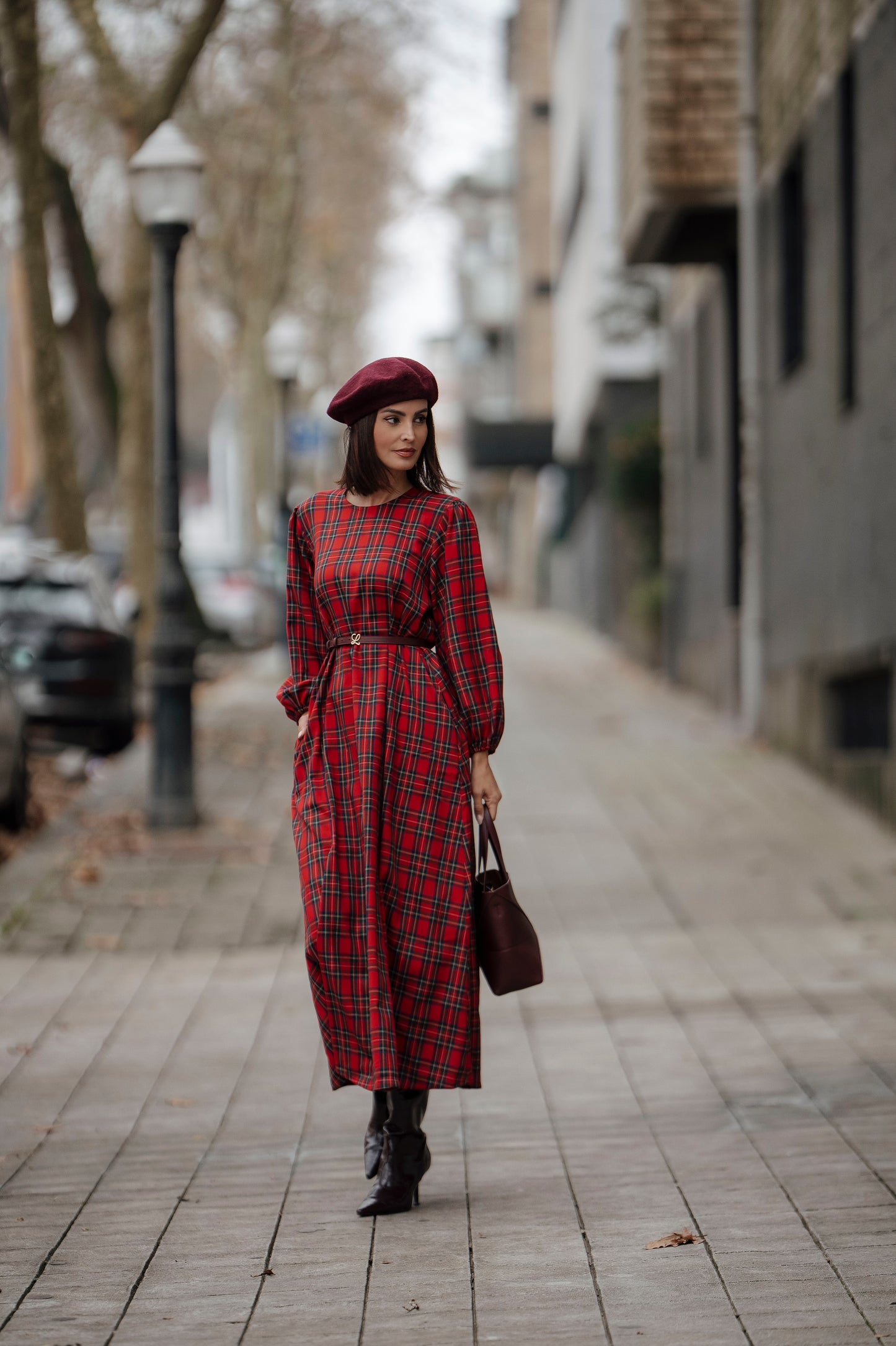 Vestido comprido em xadrez vermelho
