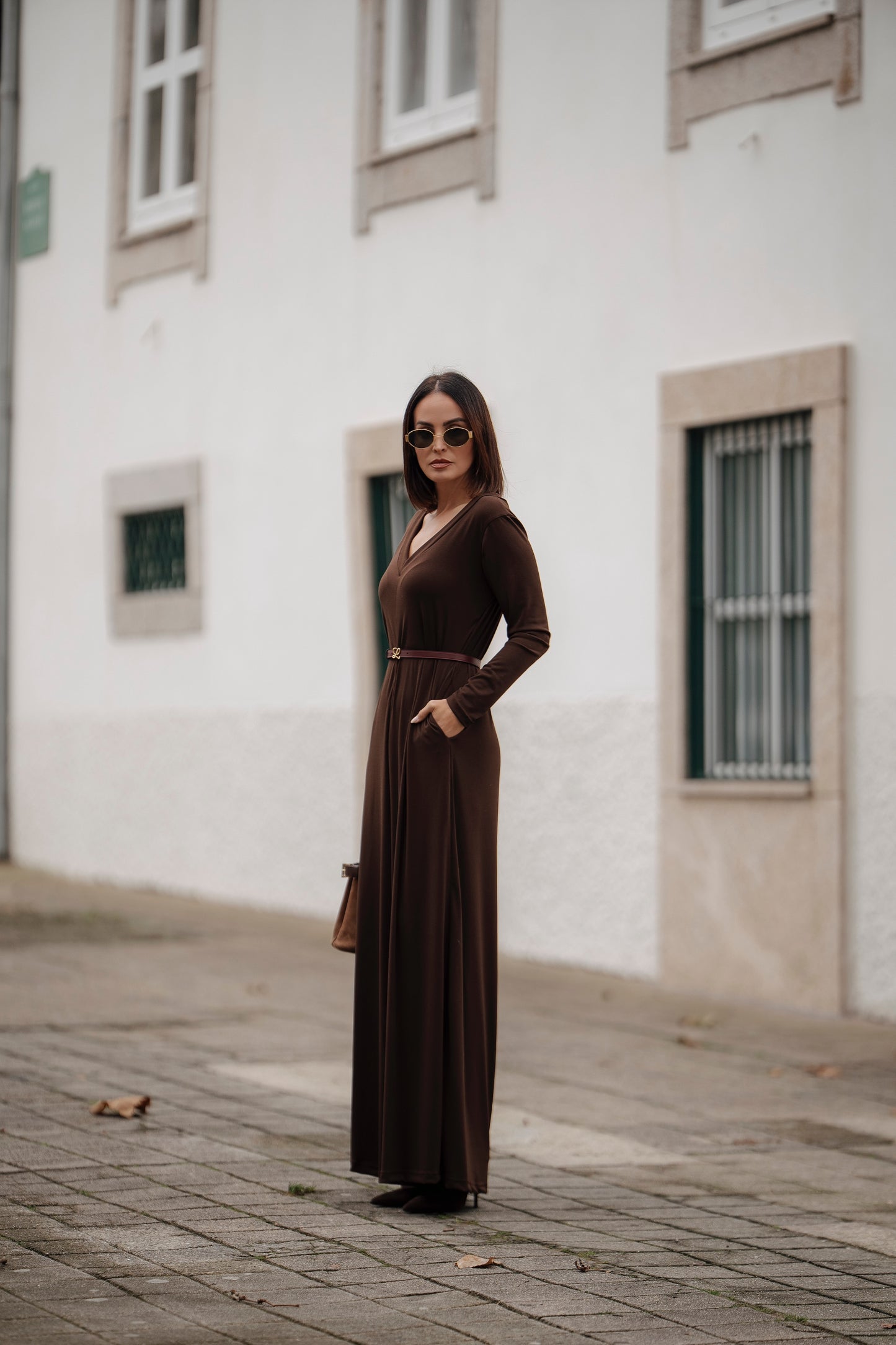 Macacão comprido em malha castanho