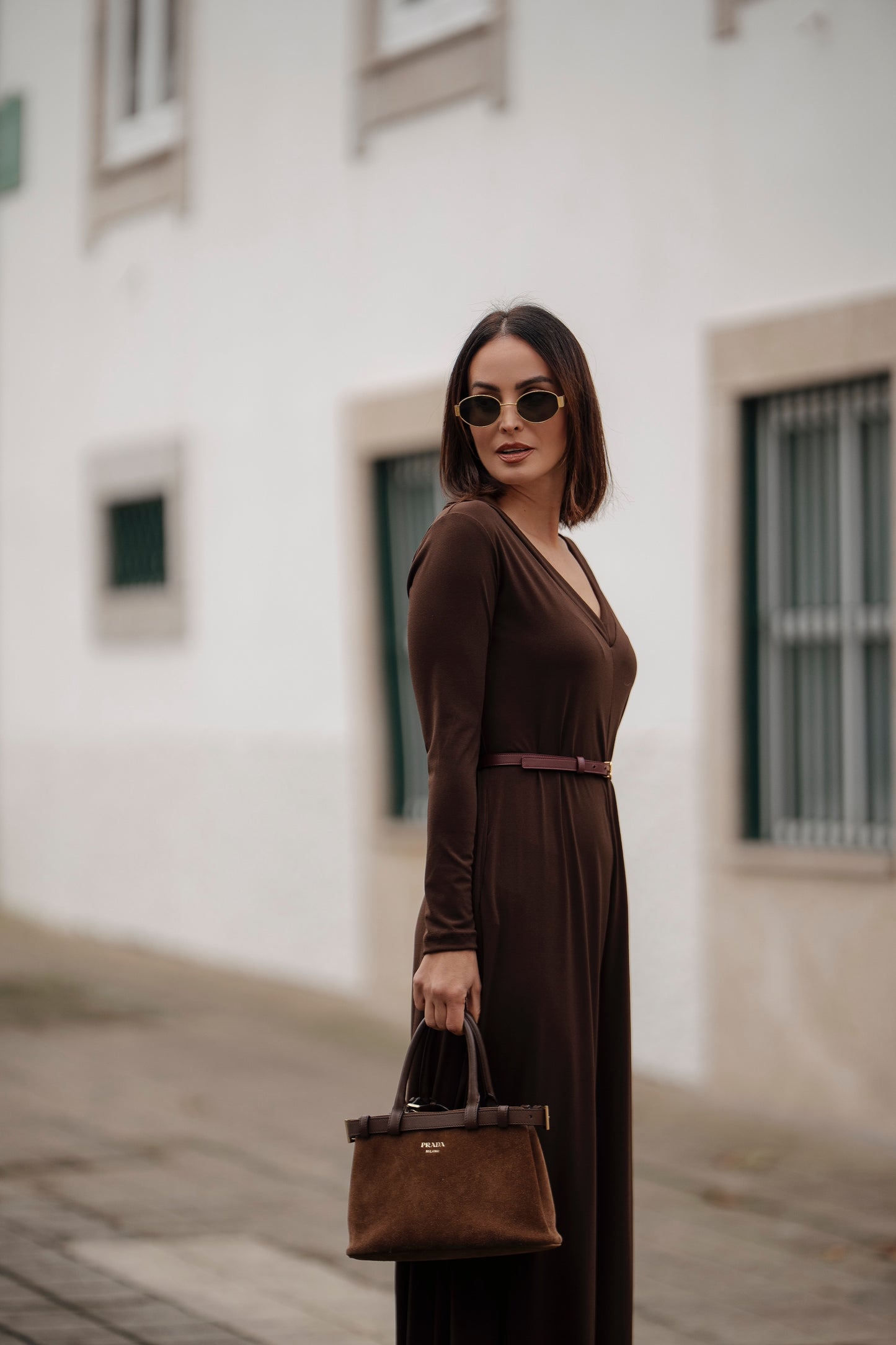 Macacão comprido em malha castanho