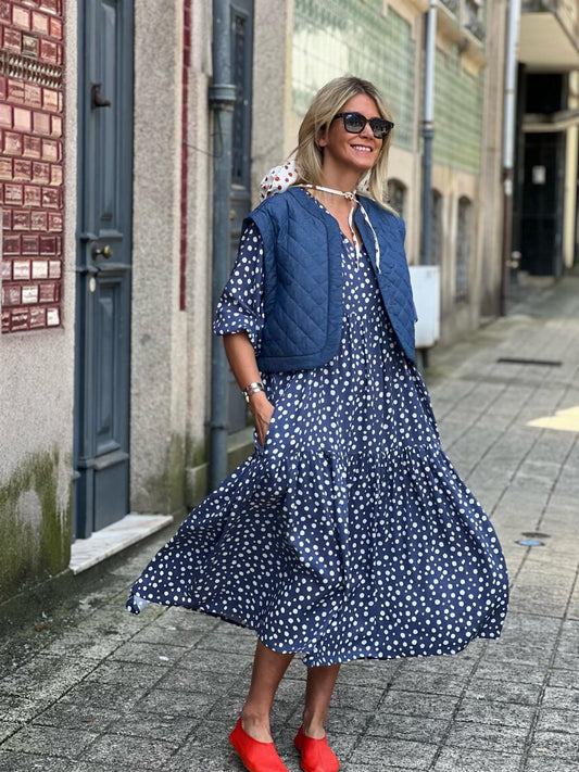 Vestido comprido com estampado bolas