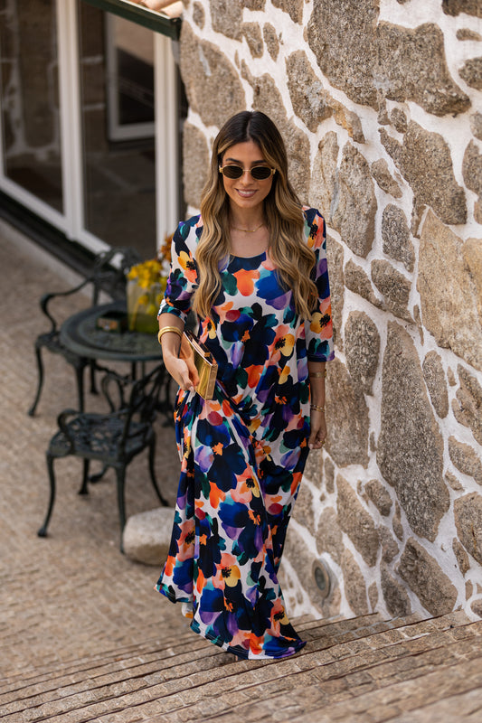 Vestido comprido em malha estampada