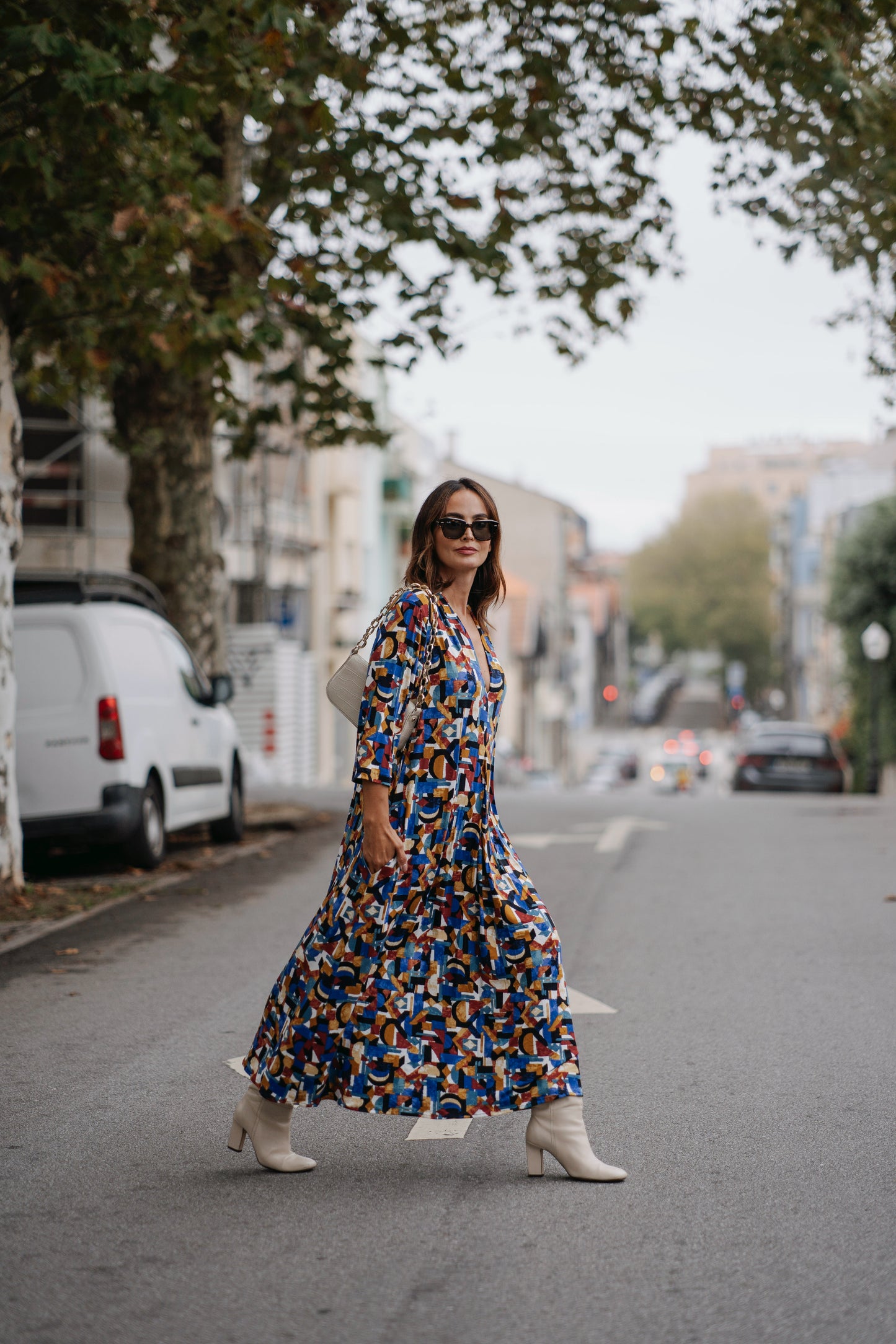 Long dress in printed knit