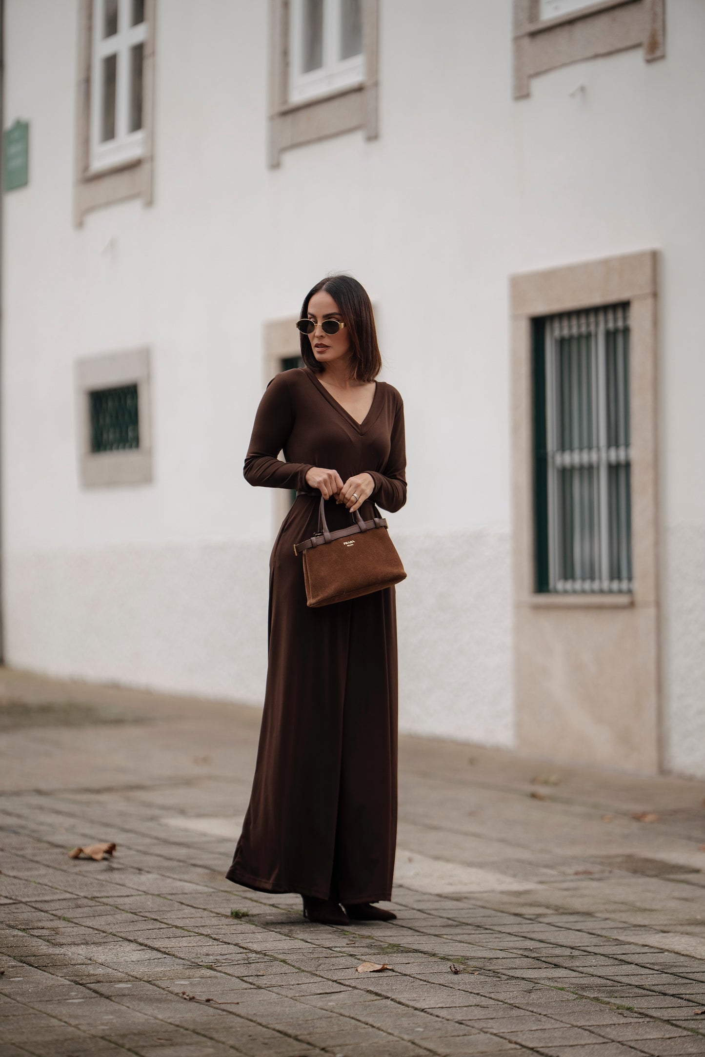 Macacão comprido em malha castanho