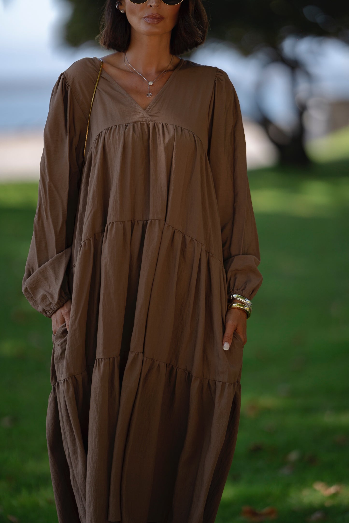 Vestido comprido castanho