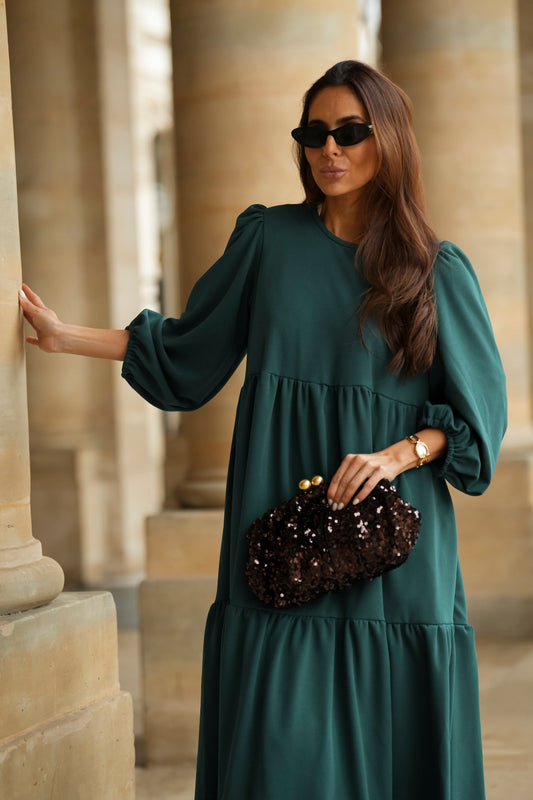 Vestido comprido com folhos em verde
