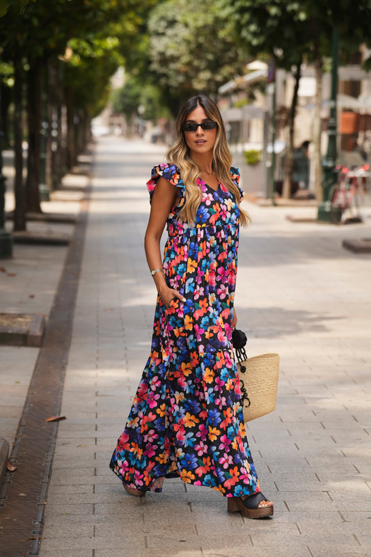 Vestido comprido estampado flores