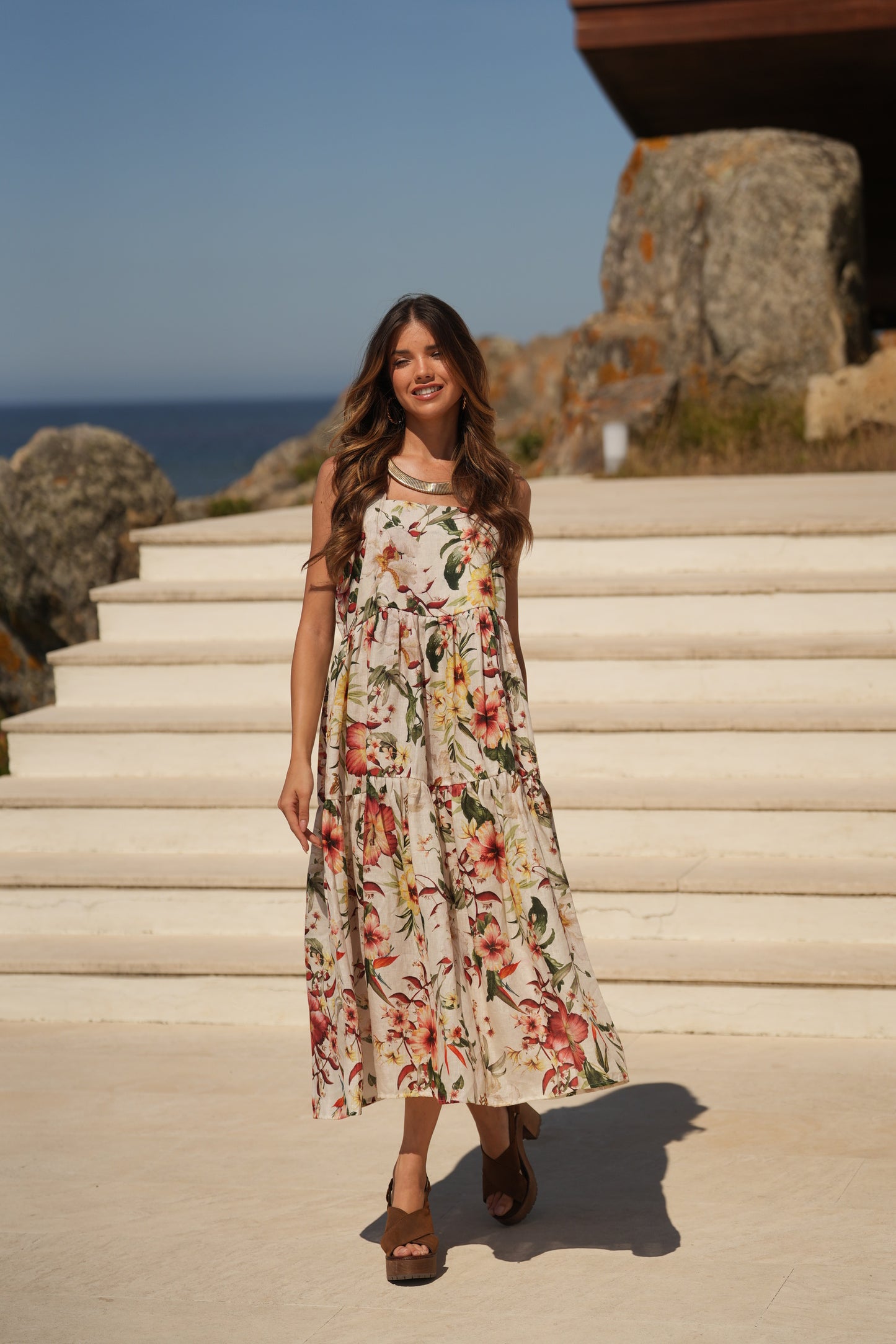 Vestido de alças comprido estampado