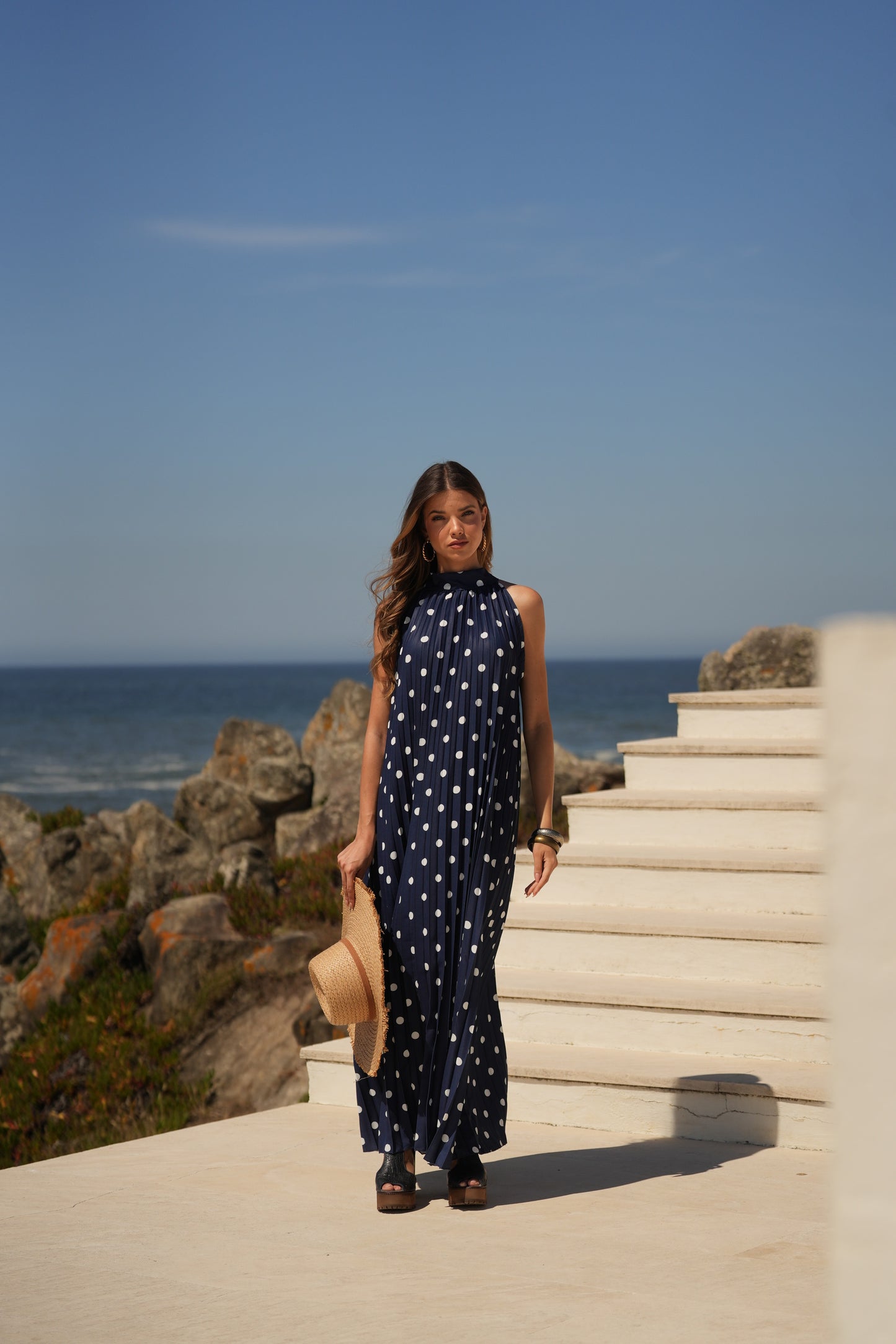 Vestido plissado estampado bolas