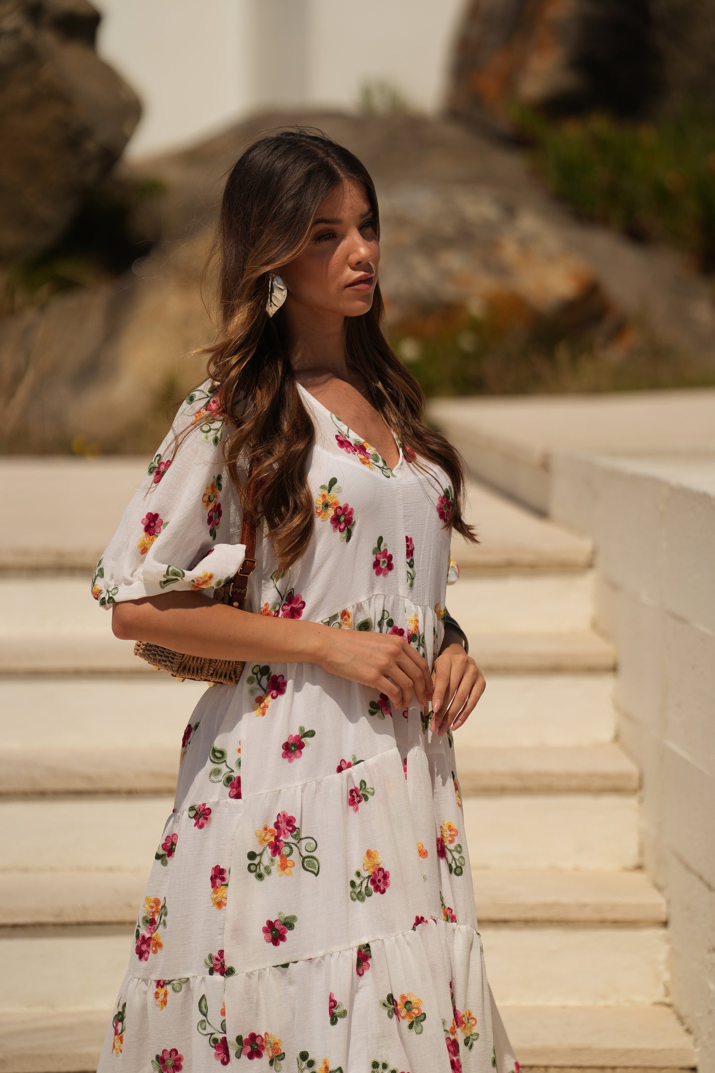 Vestido comprido branco com flores