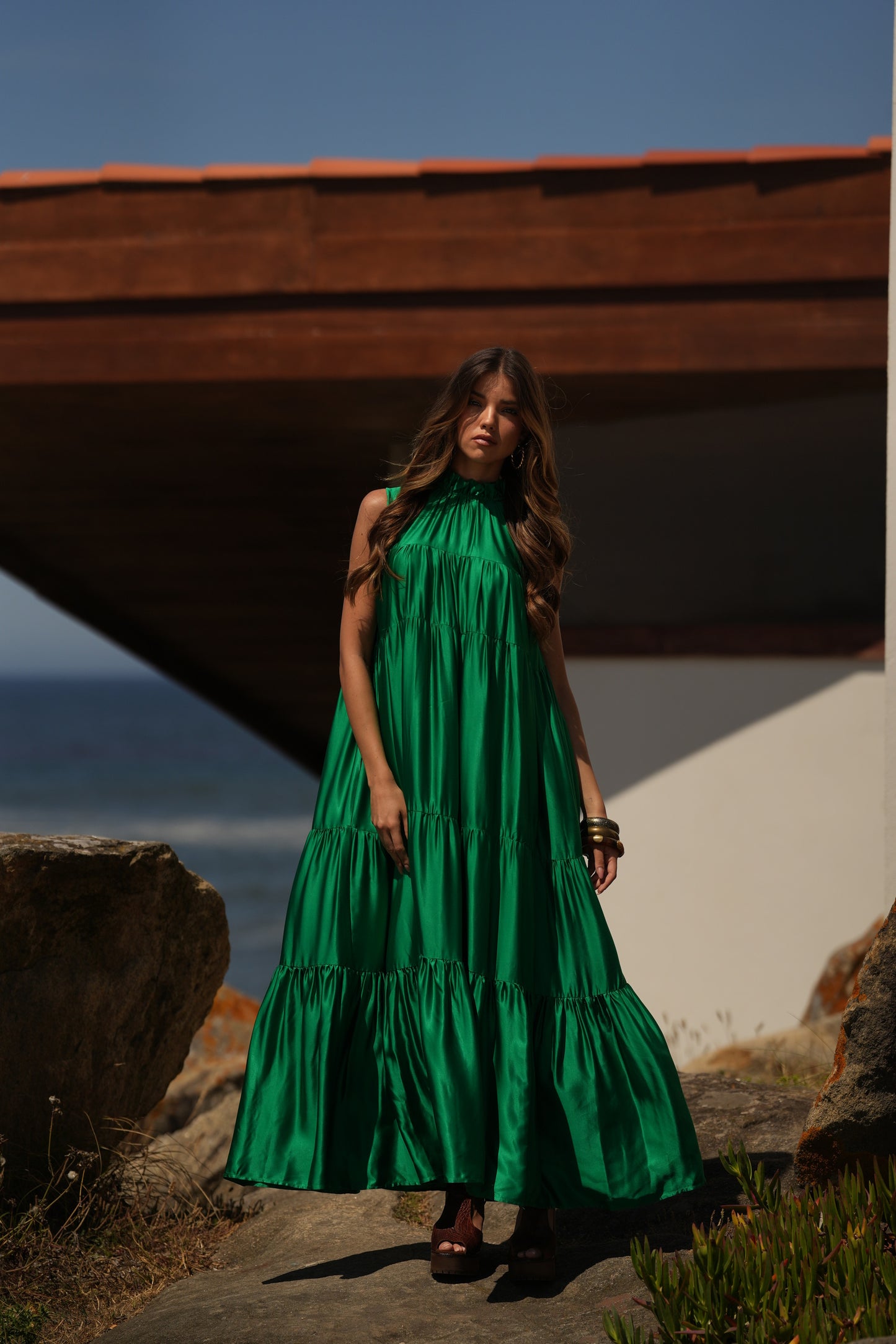 Vestido comprido em seda verde