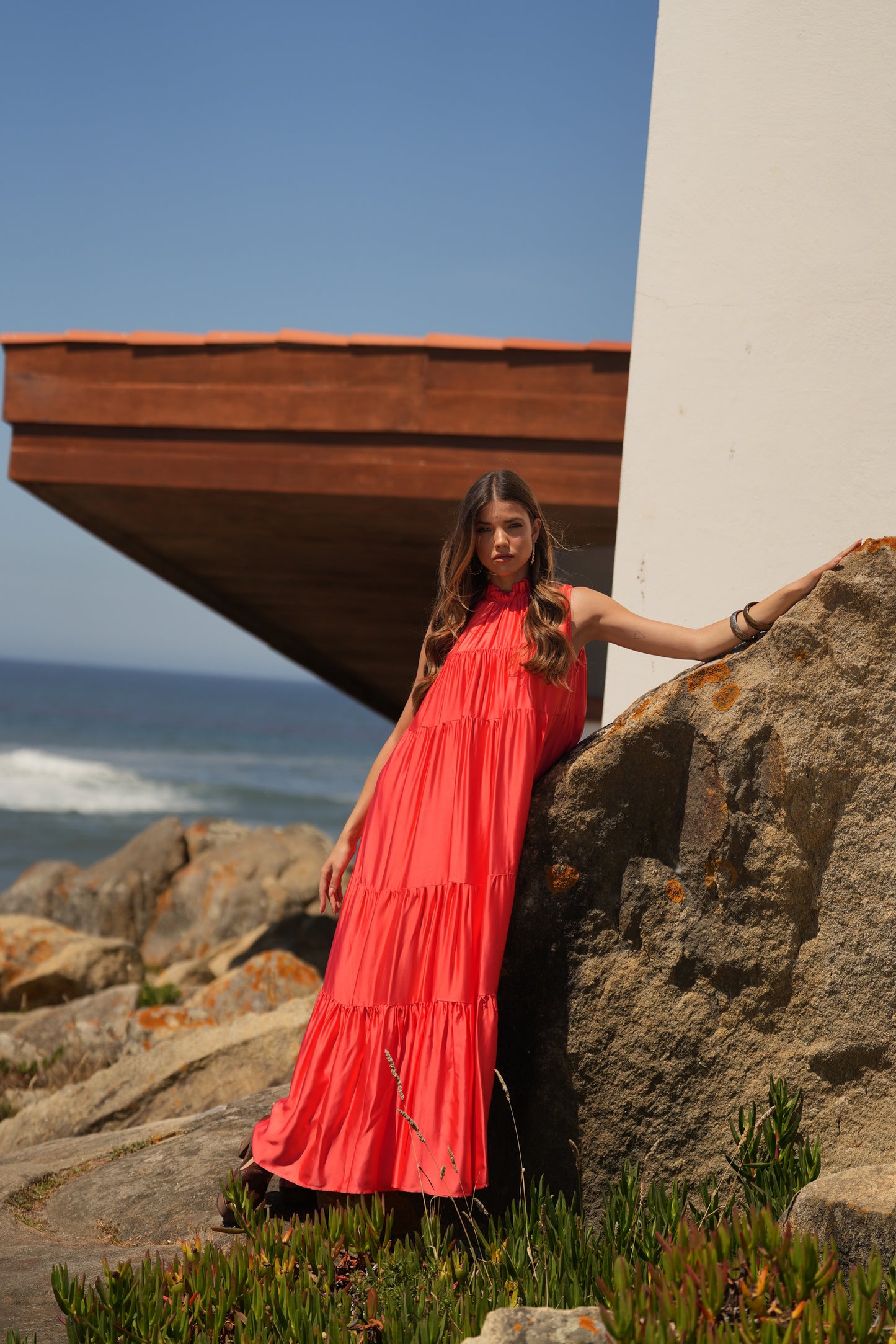Vestido comprido em seda rosa