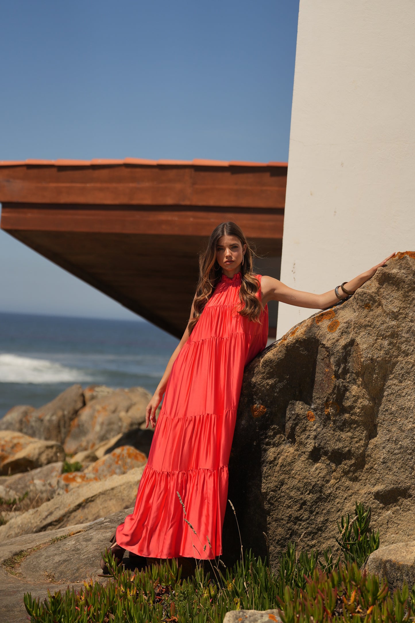 Vestido comprido em seda rosa