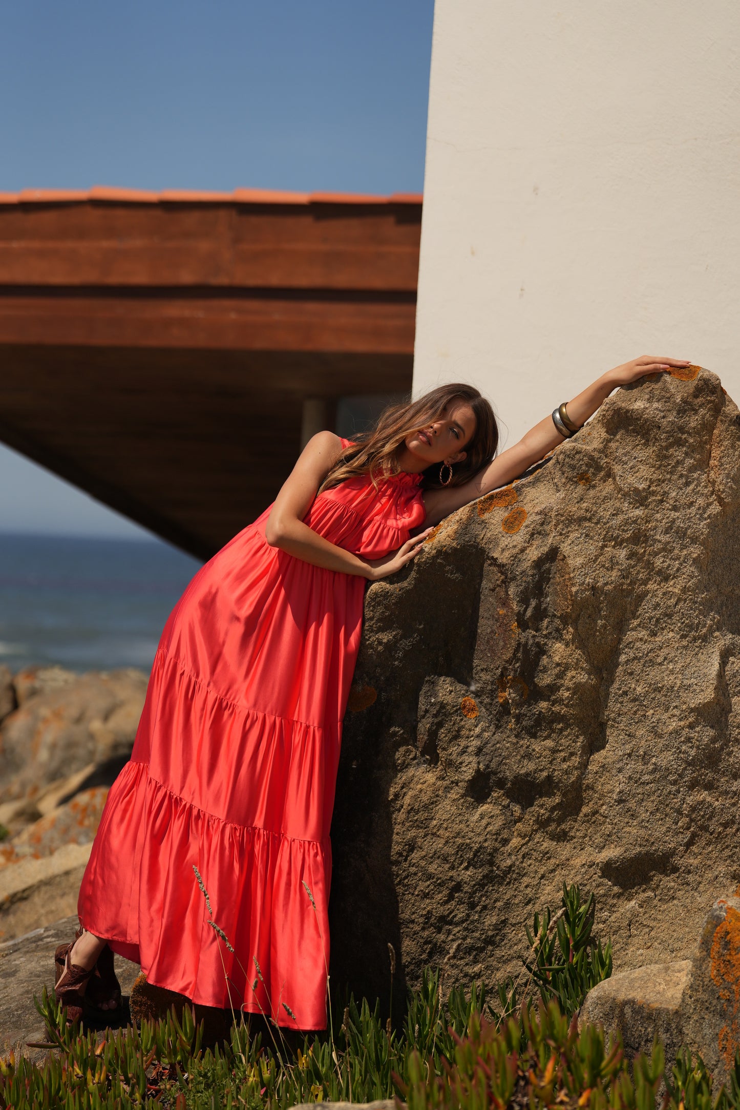 Vestido comprido em seda rosa