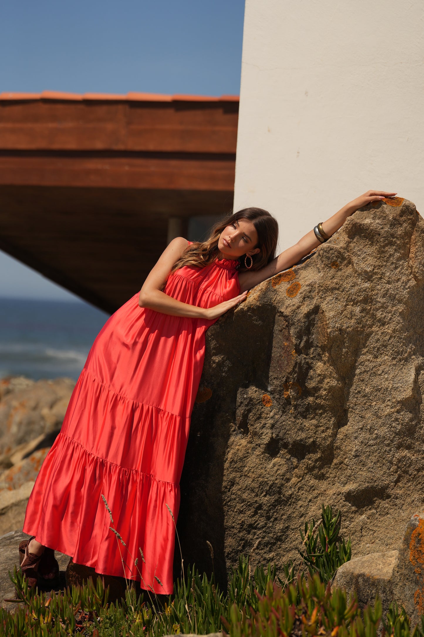 Vestido comprido em seda rosa