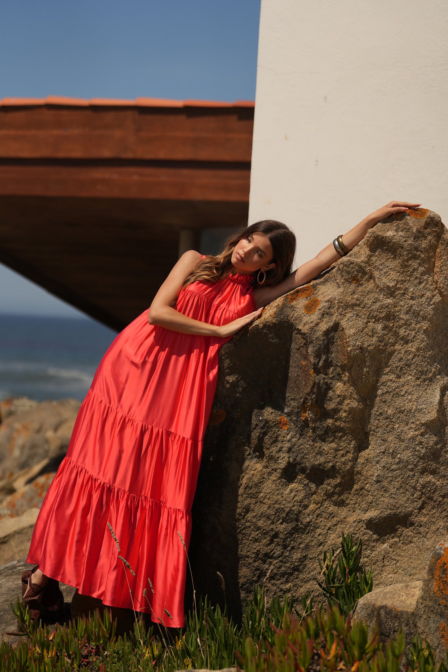Vestido comprido em seda rosa
