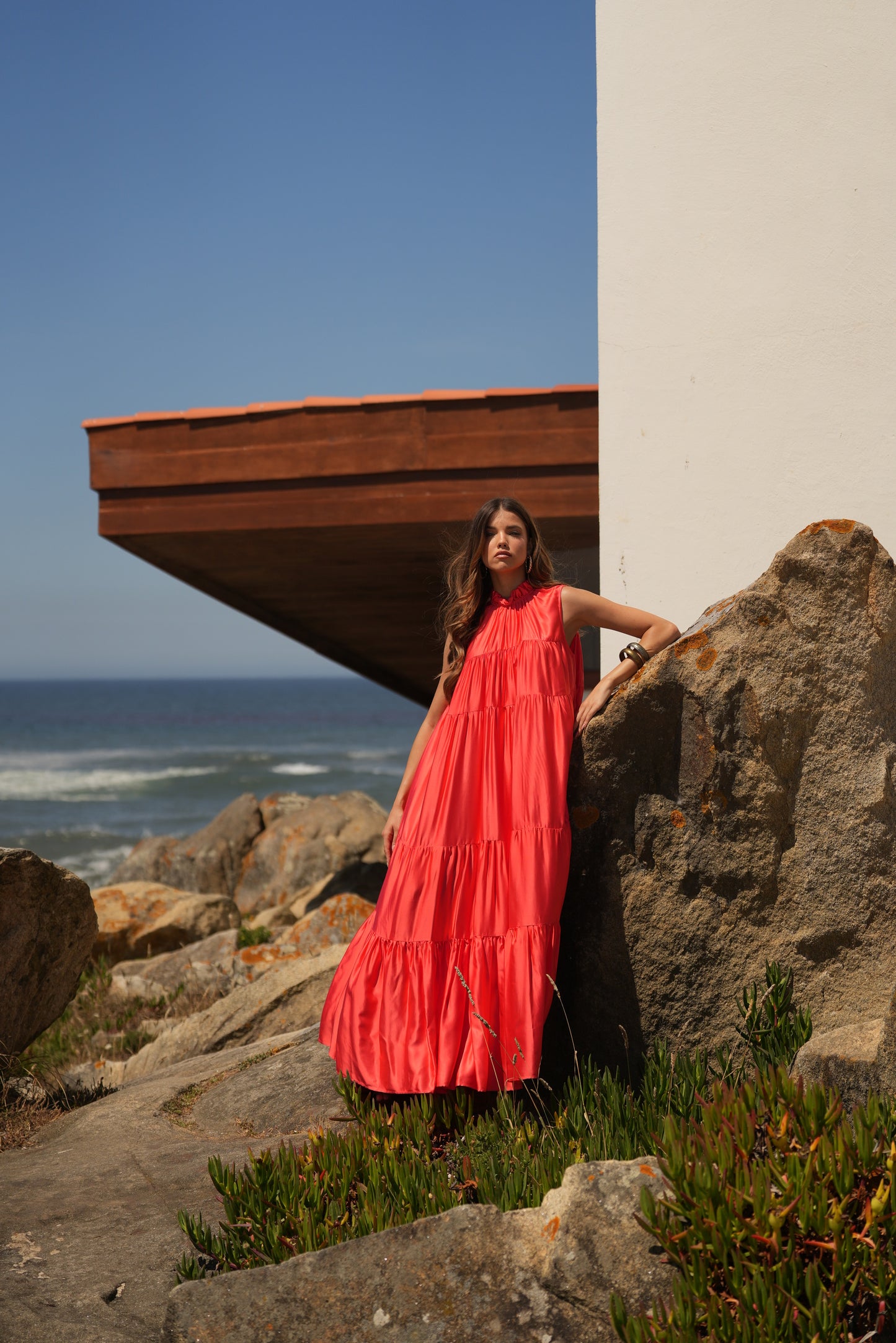 Vestido comprido em seda rosa