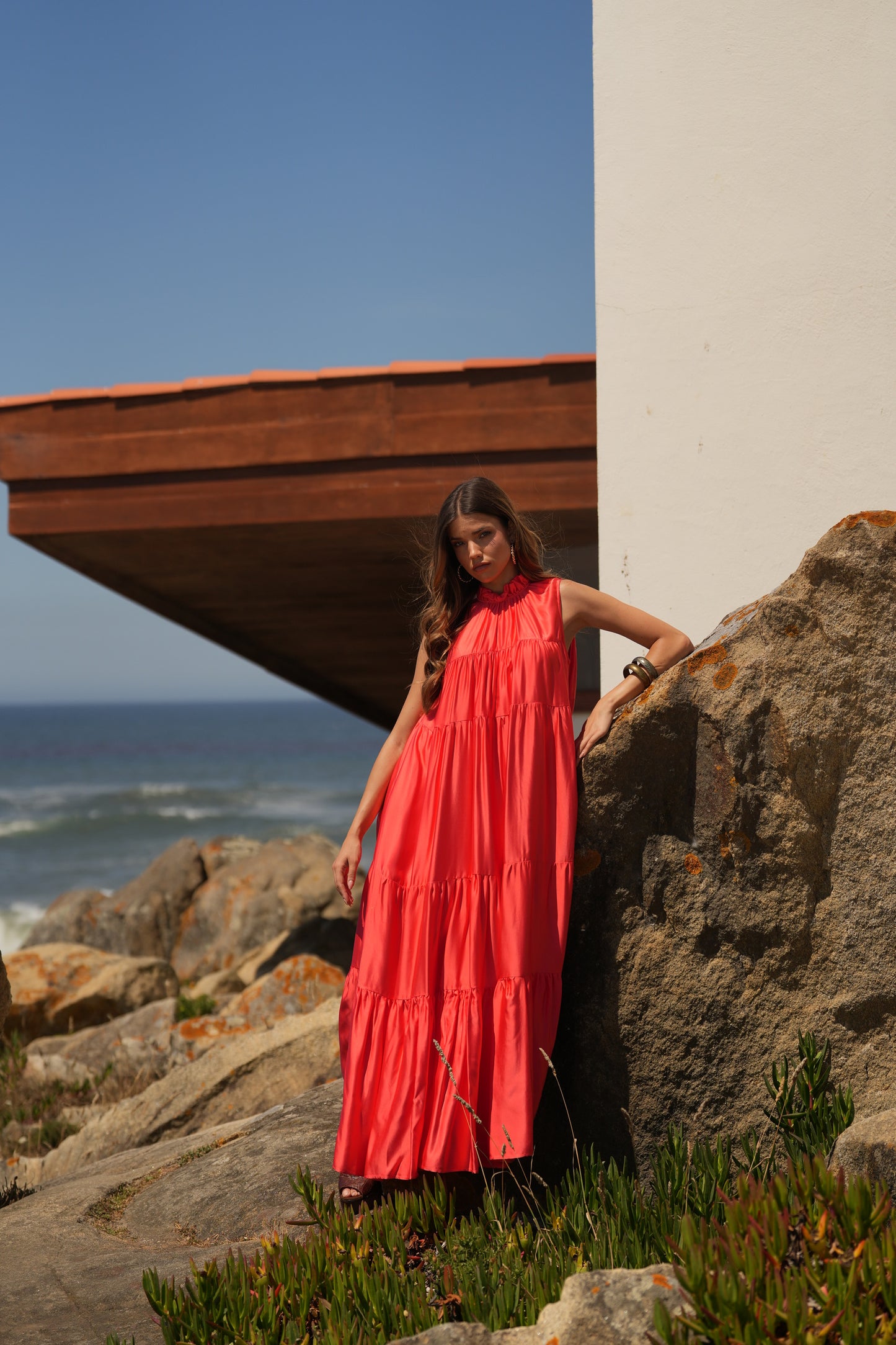 Vestido comprido em seda rosa