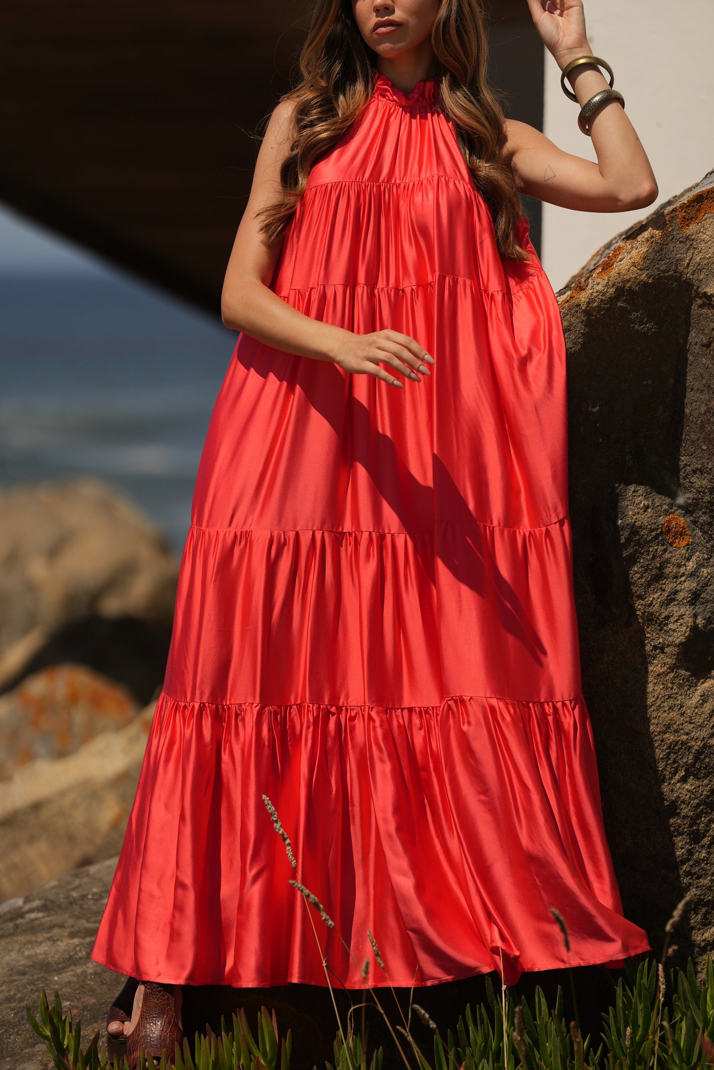 Vestido comprido em seda rosa