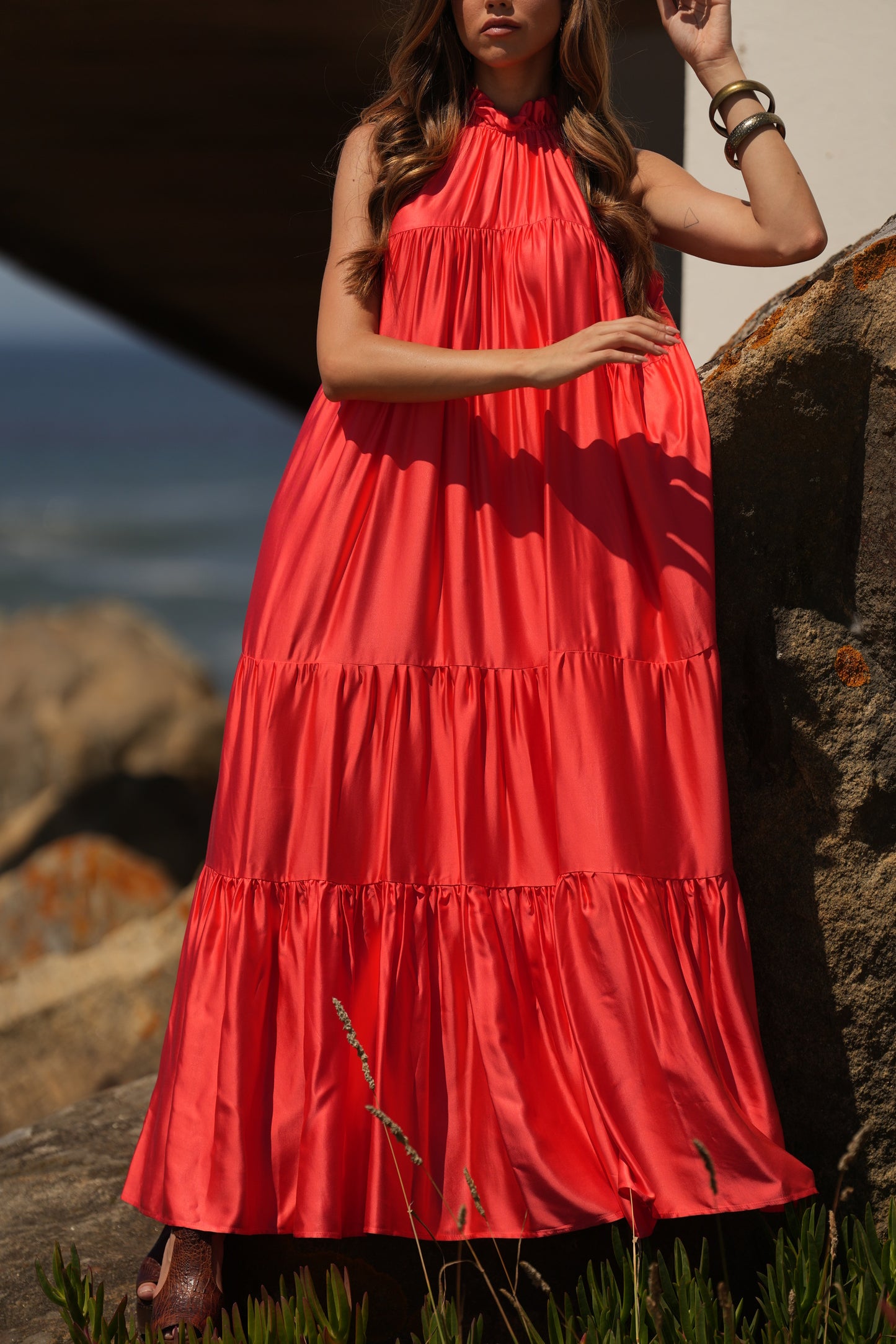 Vestido comprido em seda rosa