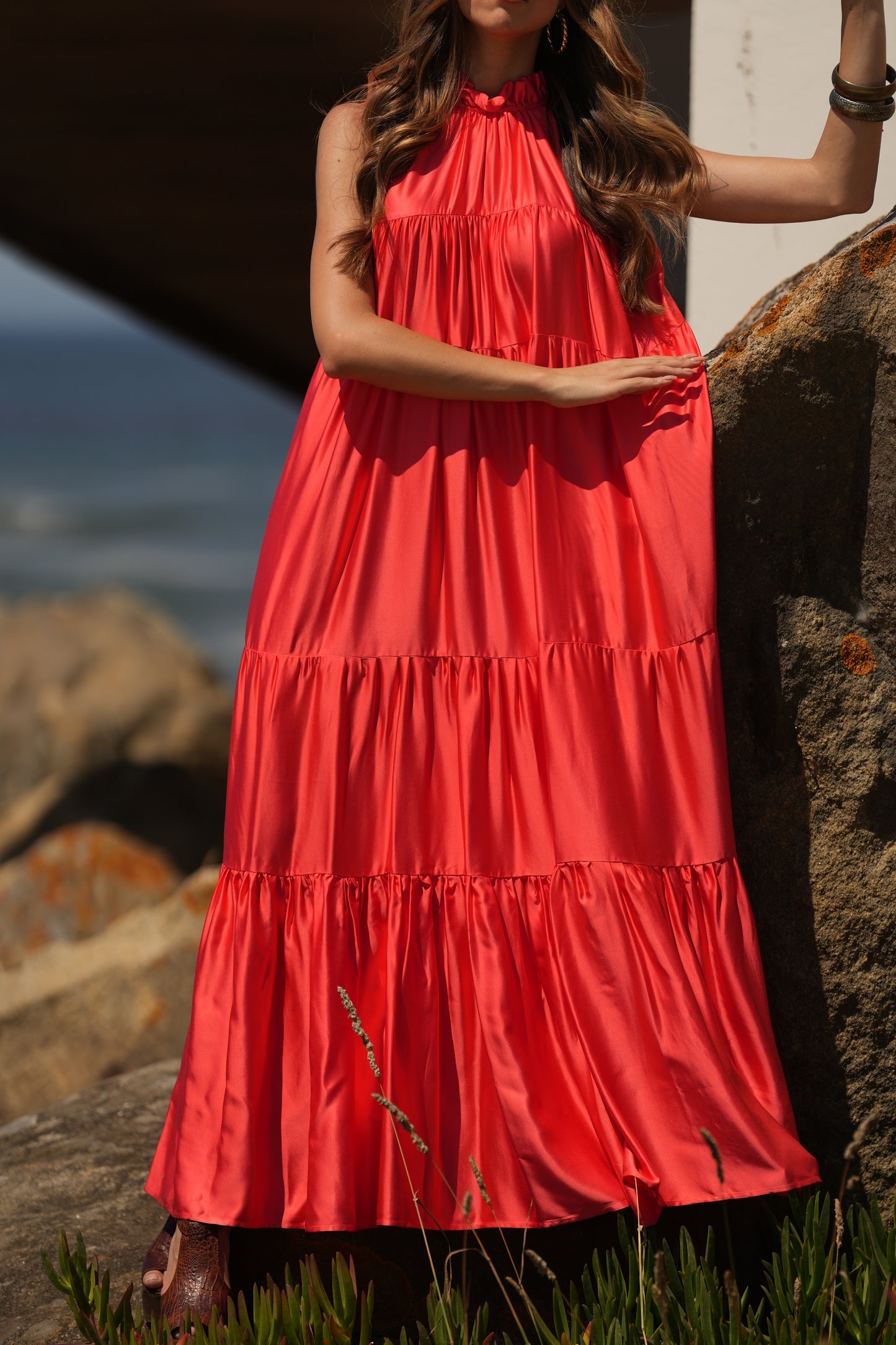 Vestido comprido em seda rosa