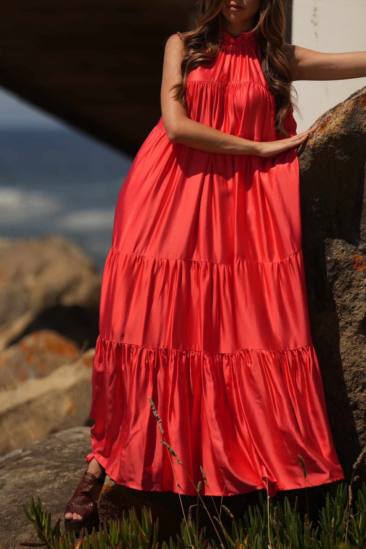 Vestido comprido em seda rosa