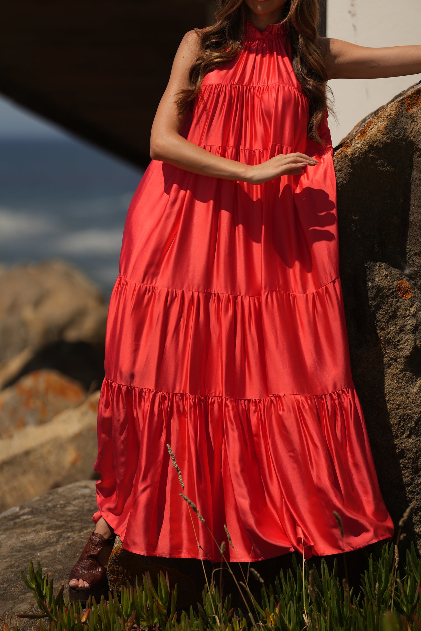 Vestido comprido em seda rosa