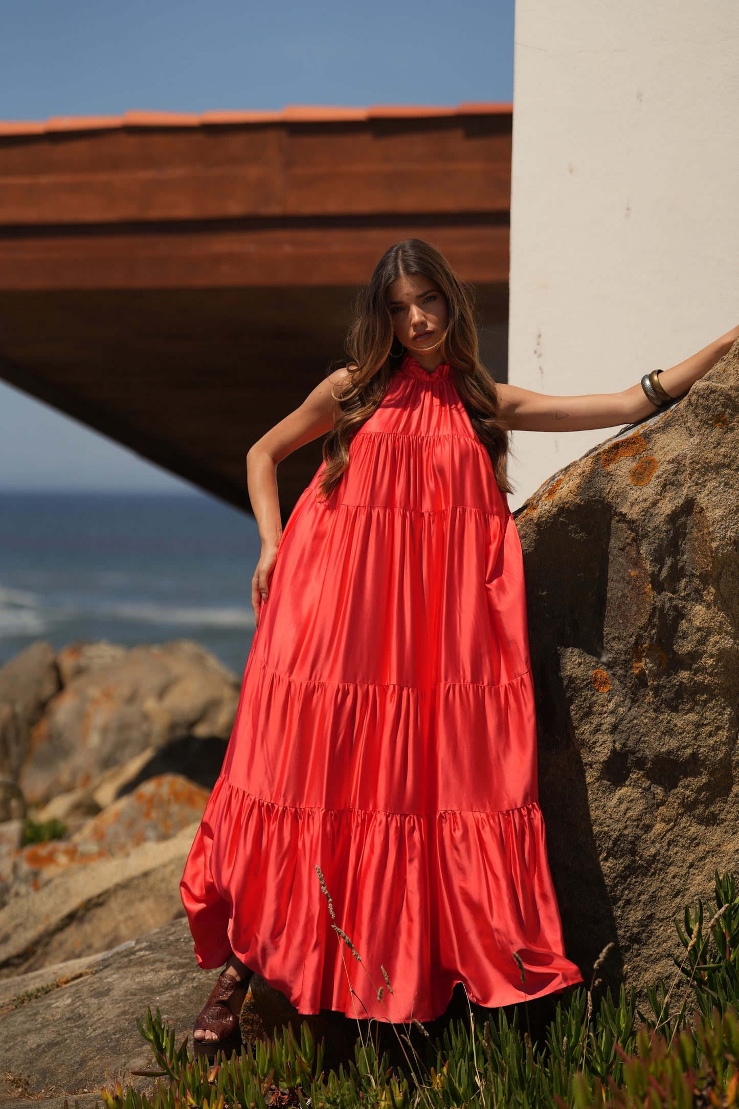 Vestido comprido em seda rosa