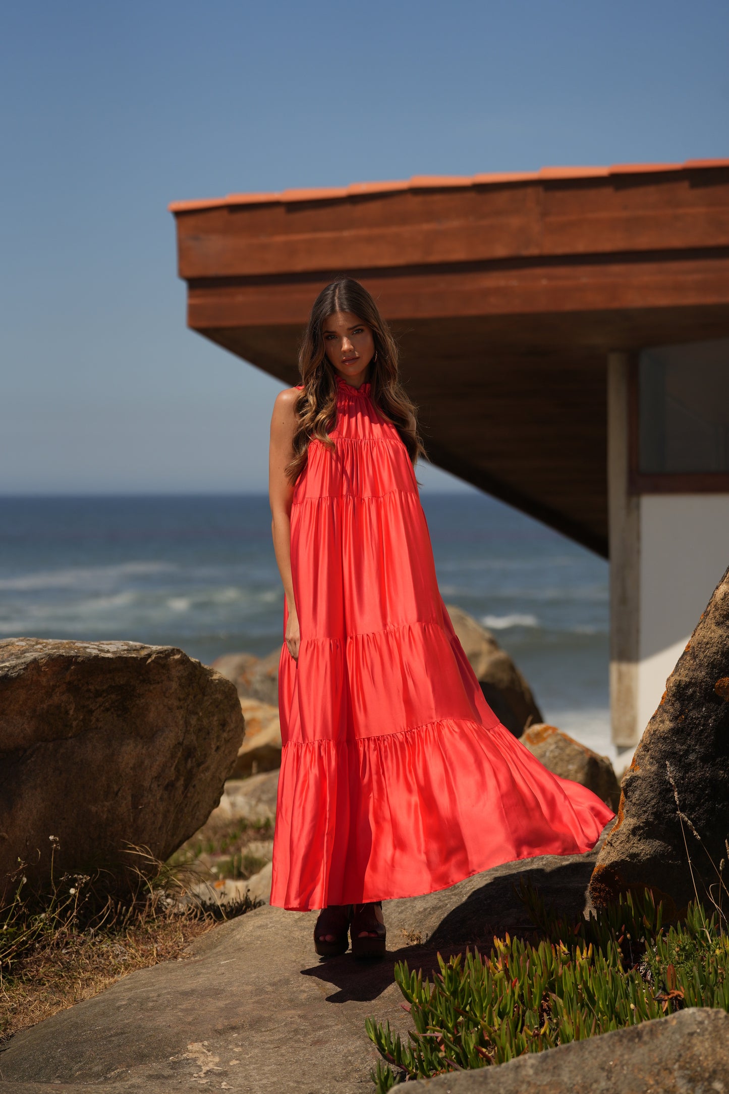 Vestido comprido em seda rosa