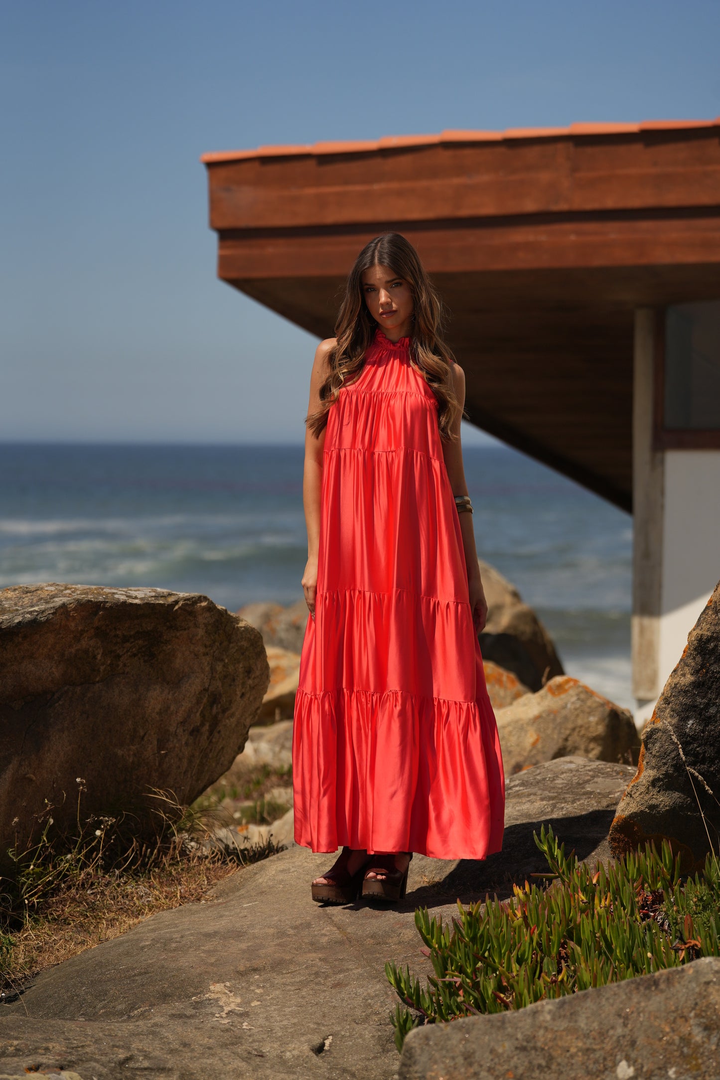 Vestido comprido em seda rosa