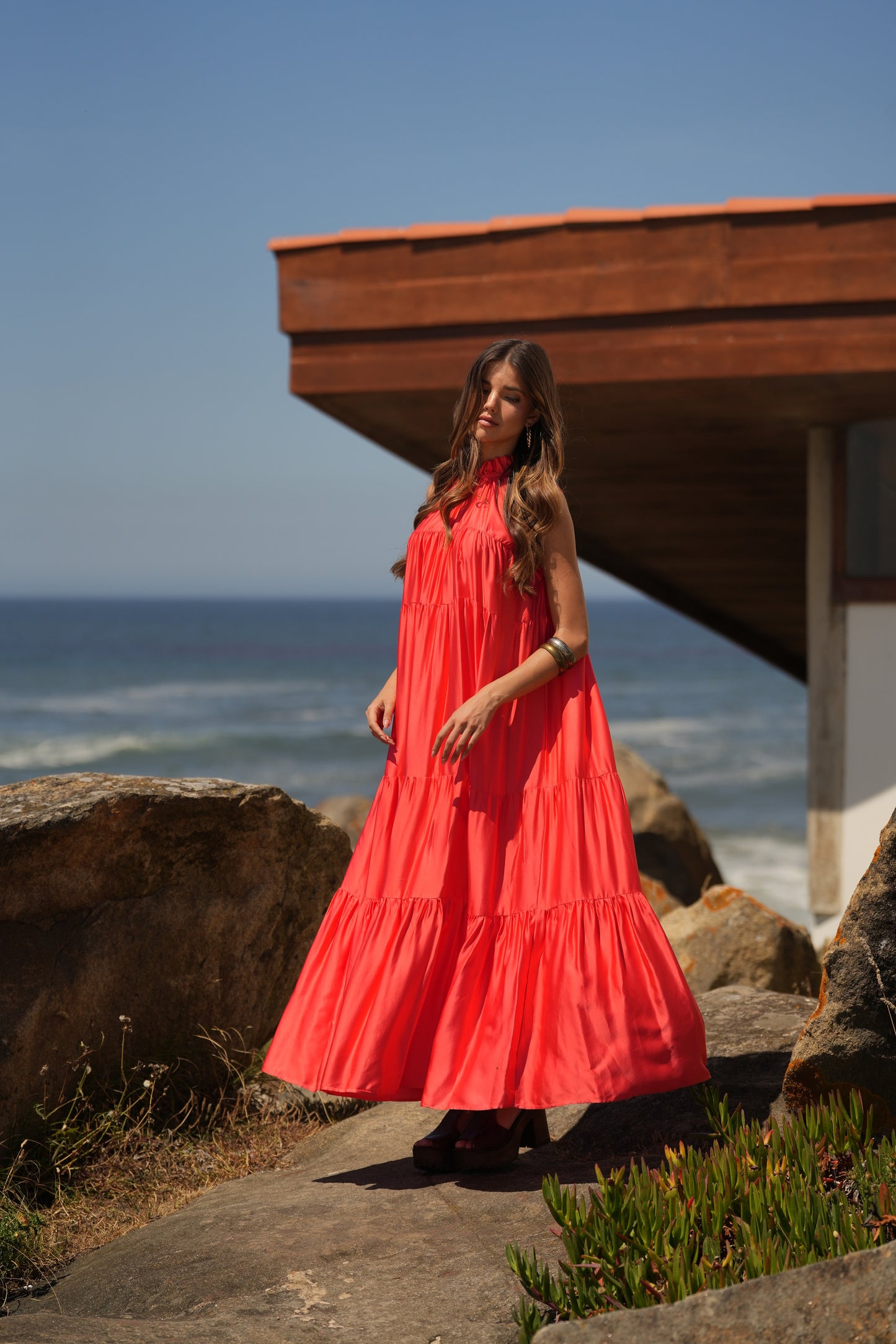 Vestido comprido em seda rosa